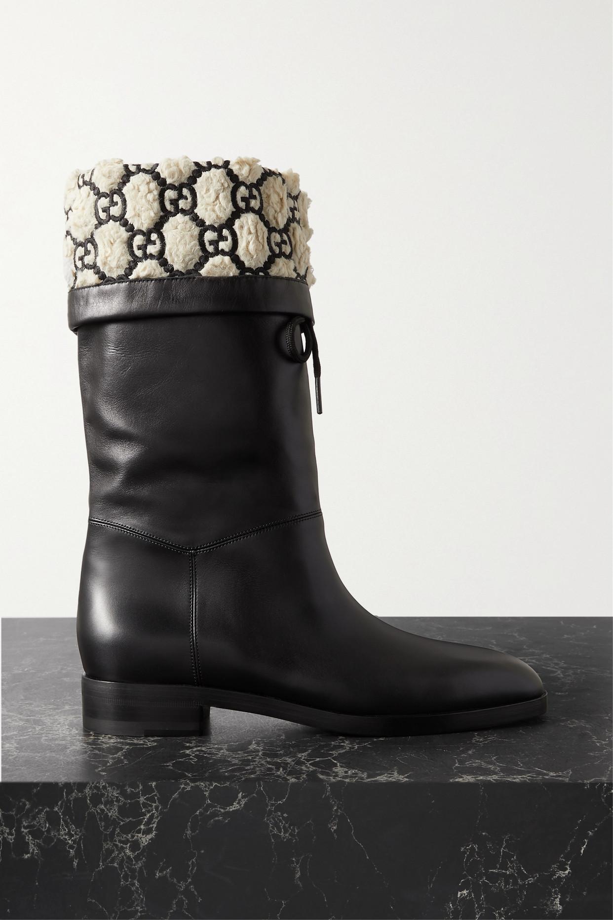Gucci Embroidered Faux Shearling-lined Leather Knee Boots in Black | Lyst