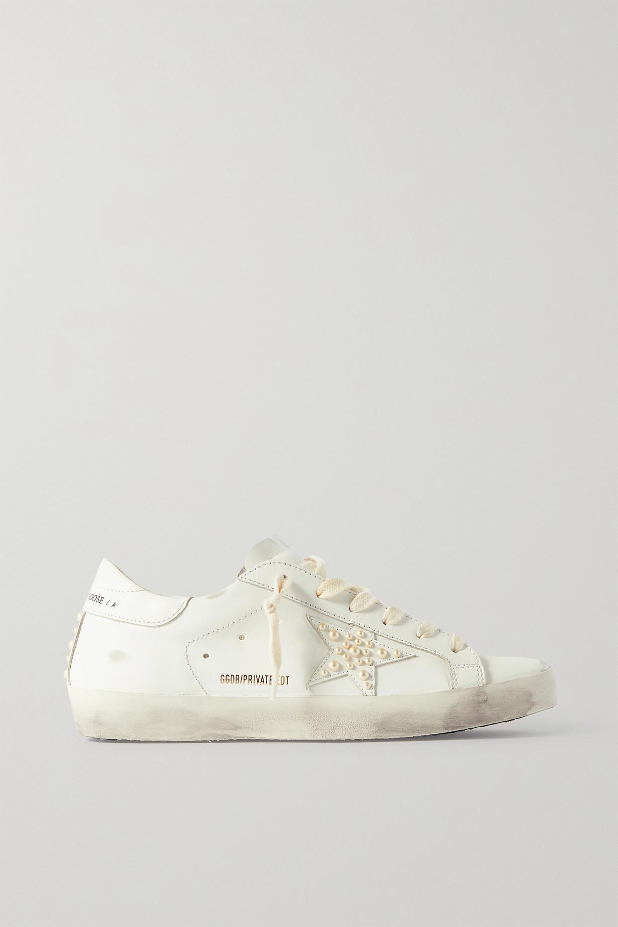 Golden Goose Superstar Faux Pearl-embellished Distressed Leather Sneakers  in Natural | Lyst
