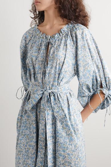 Horror Vacui Otti Belted Scalloped Floral-print Cotton-poplin Midi Dress in  Blue | Lyst