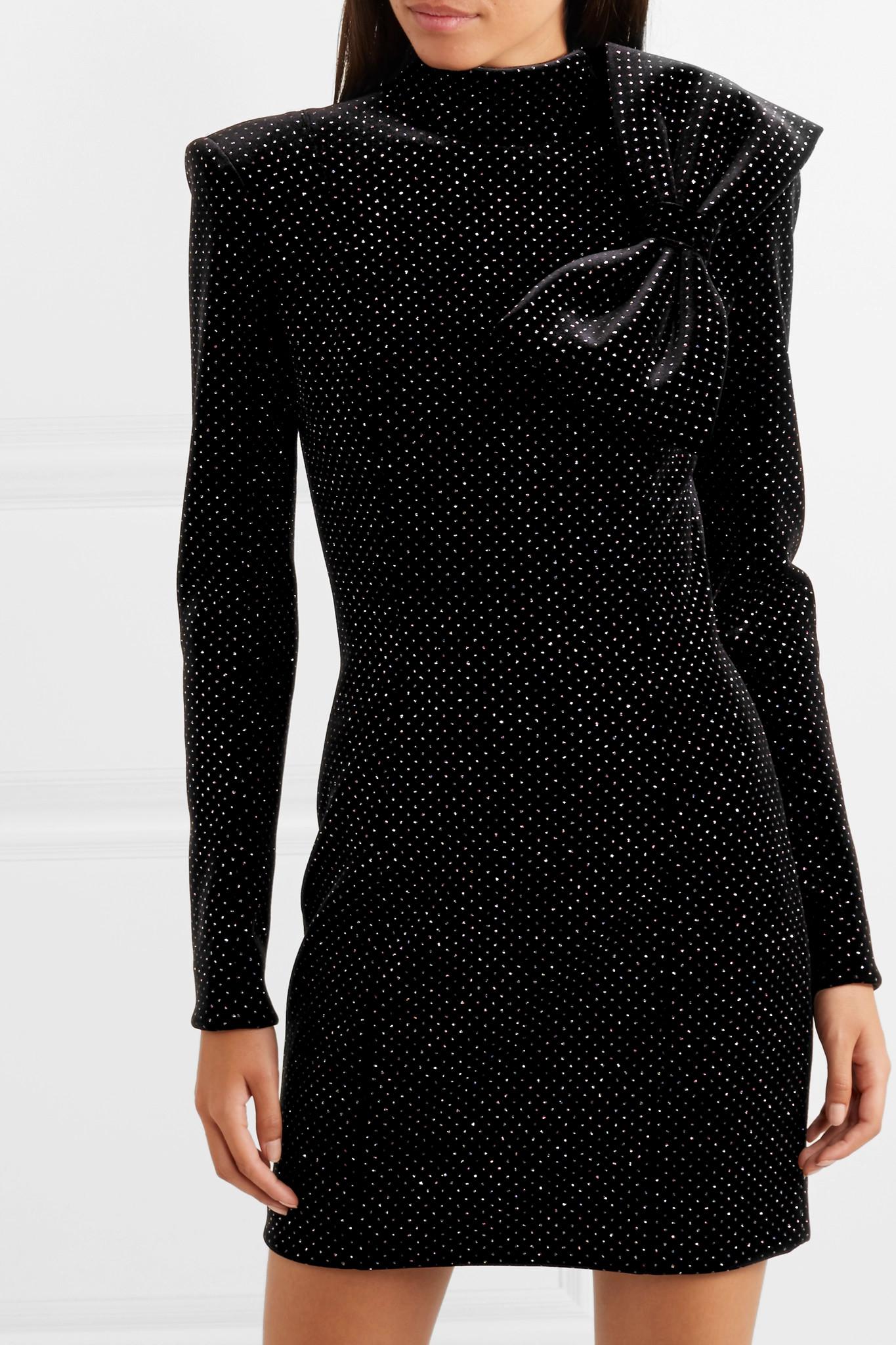 Balmain Synthetic Bow-detailed Glittered Stretch-velvet Mini Dress in Black  - Lyst