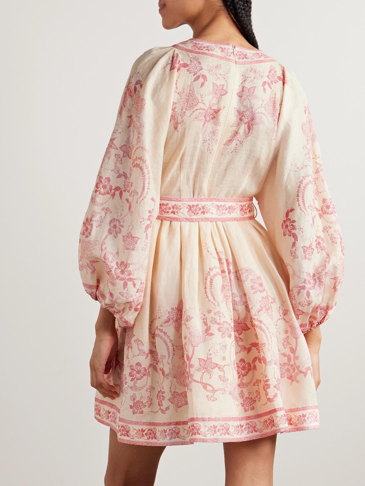 Zimmermann Lucky Belted Printed Linen Mini Dress in Pink | Lyst