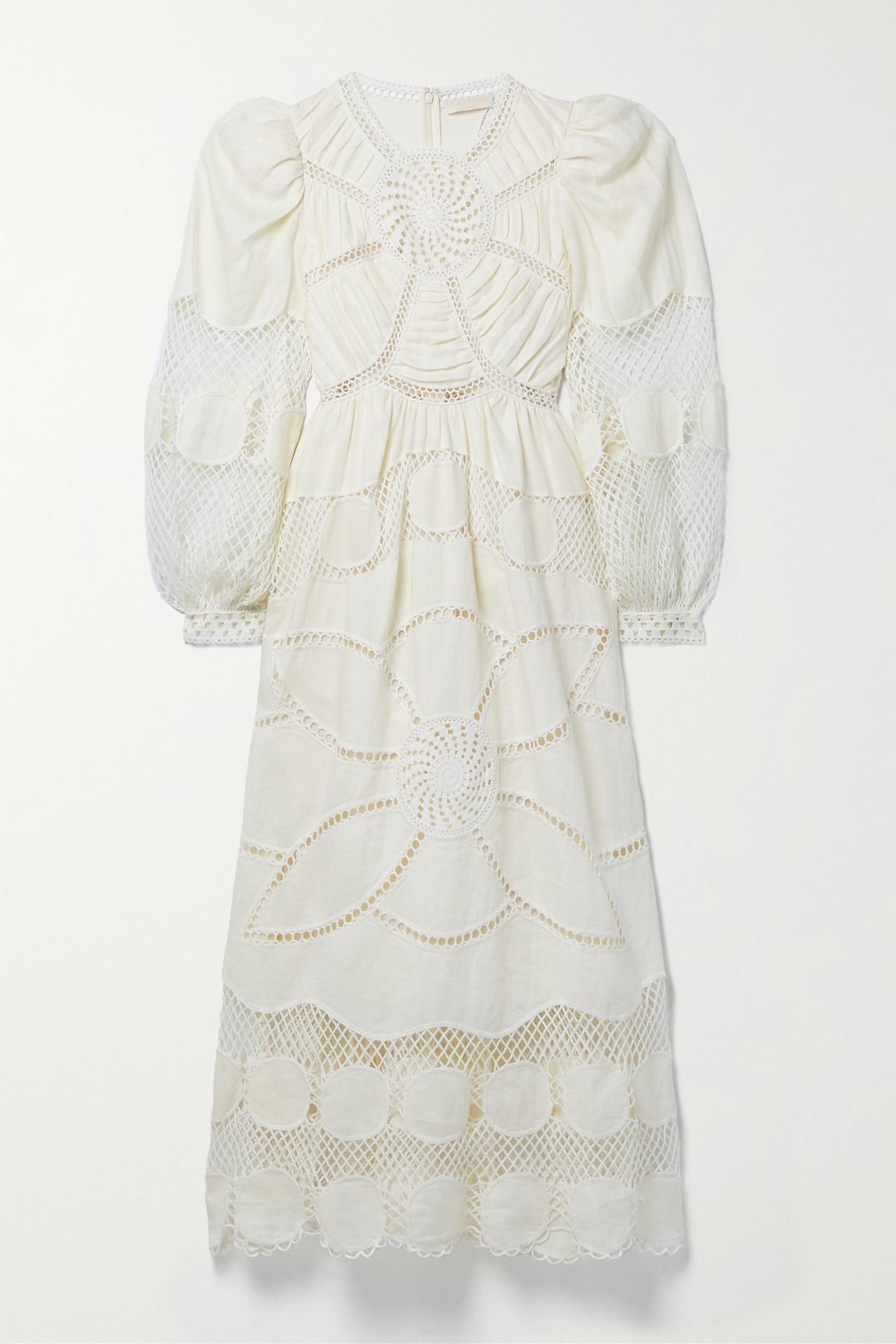 Ulla Johnson Estrella Gathered Linenvoile And Crocheted Cotton Midi Dress in Natural Lyst
