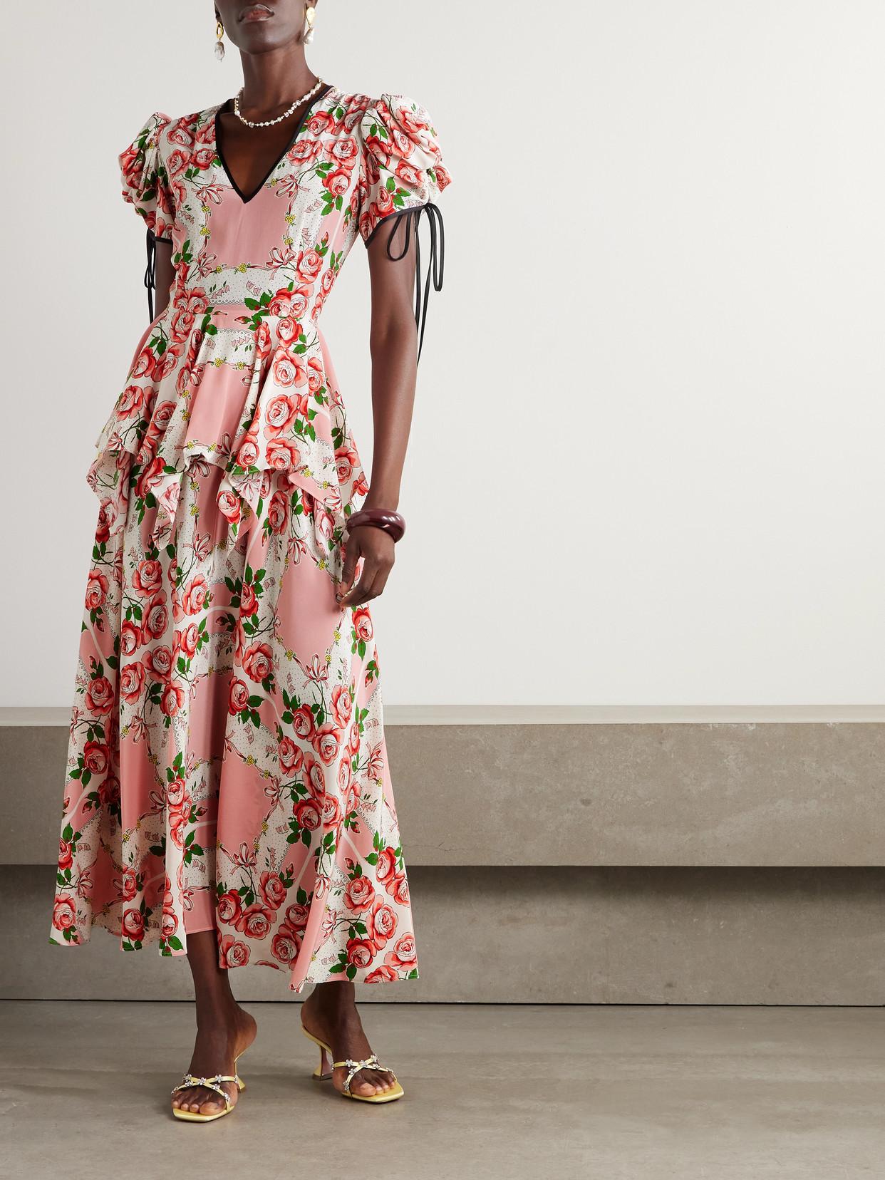 rodarte floral ruffled silk maxi dress RODARTE Floral Printed Silk Bias Slip Gown With Ruffle Sleeves And Silk Flower 2