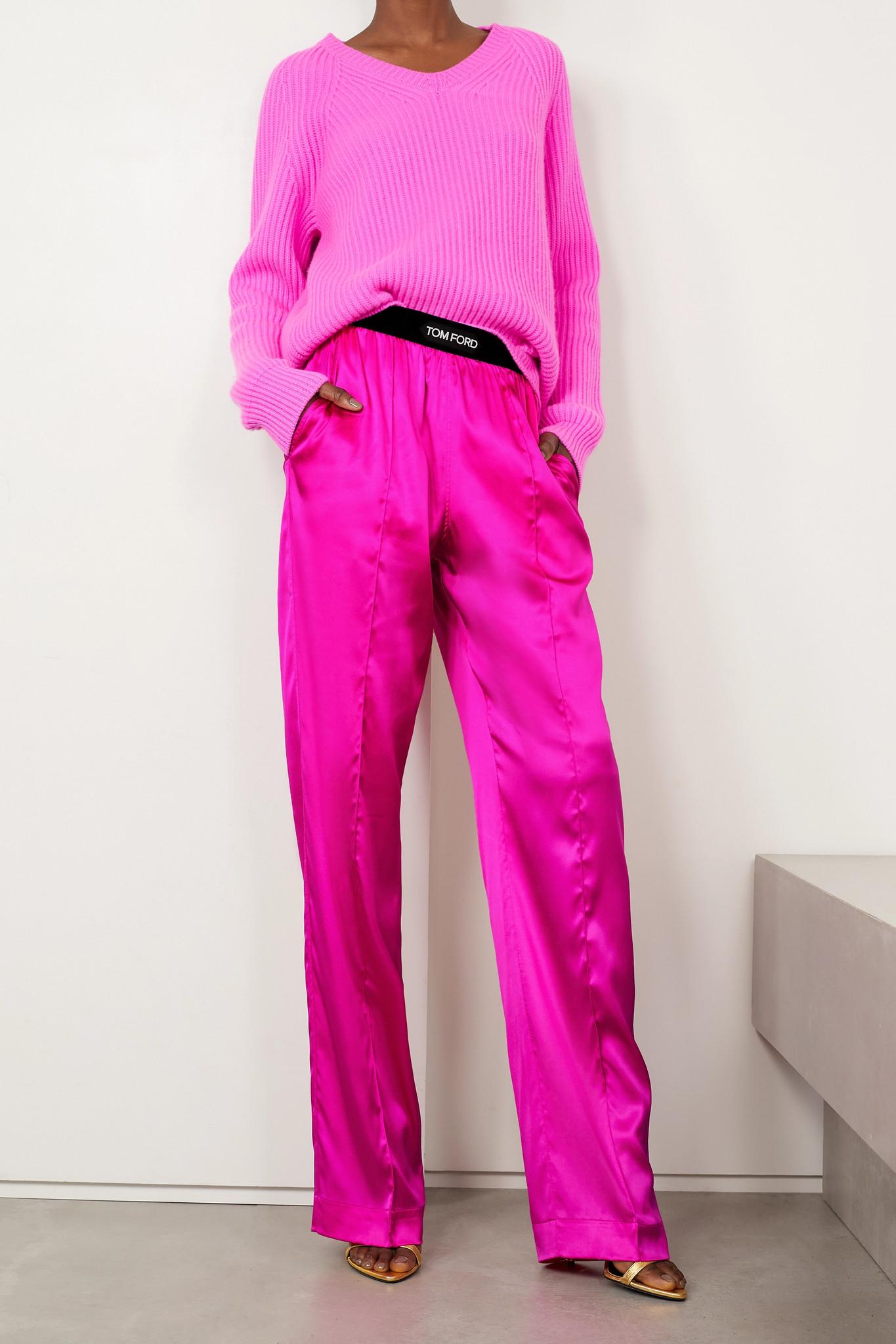 Tom Ford Velvet-trimmed Stretch-silk Satin Pants in Pink | Lyst