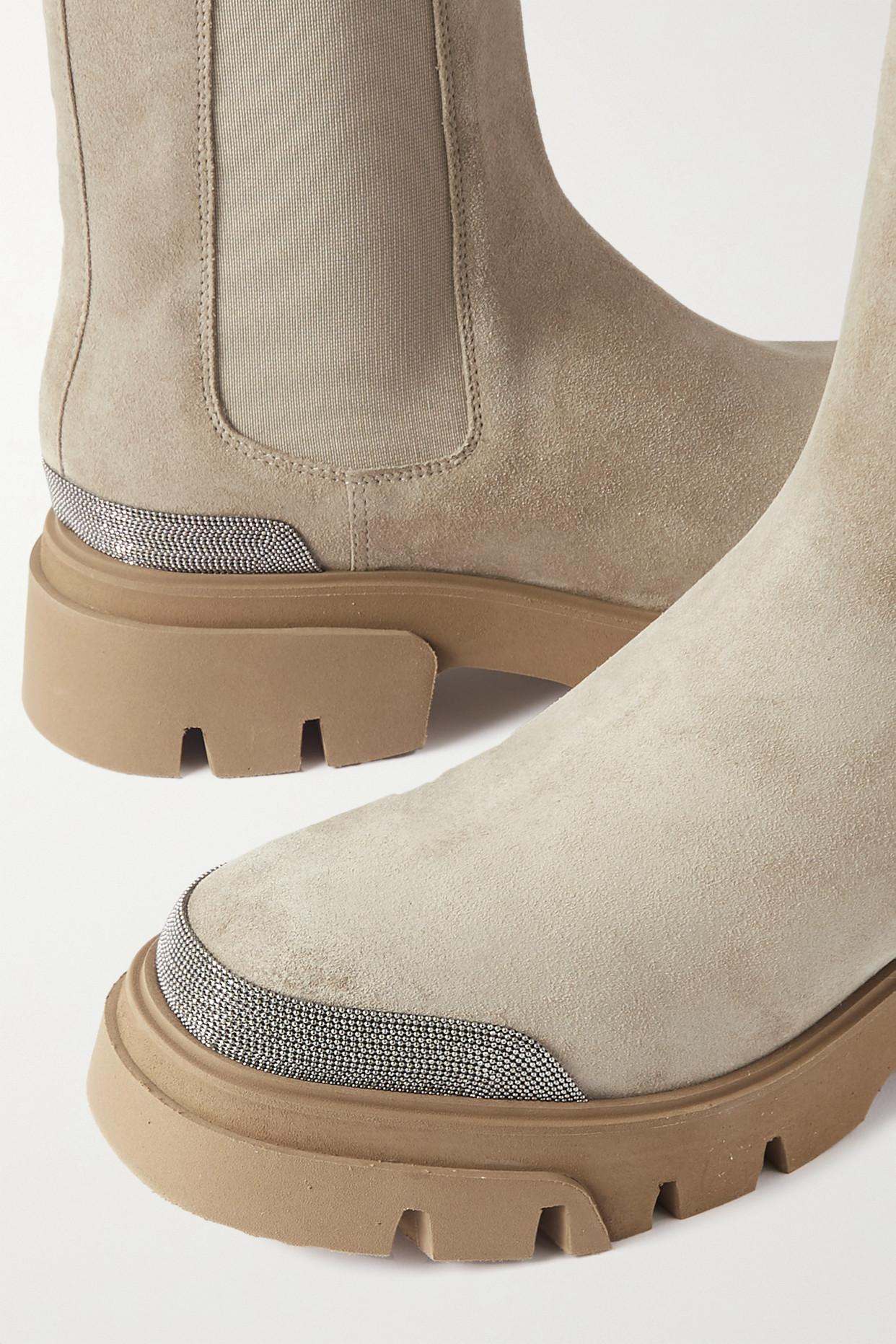 Brunello Cucinelli Bead-embellished Suede Chelsea Boots in Natural | Lyst