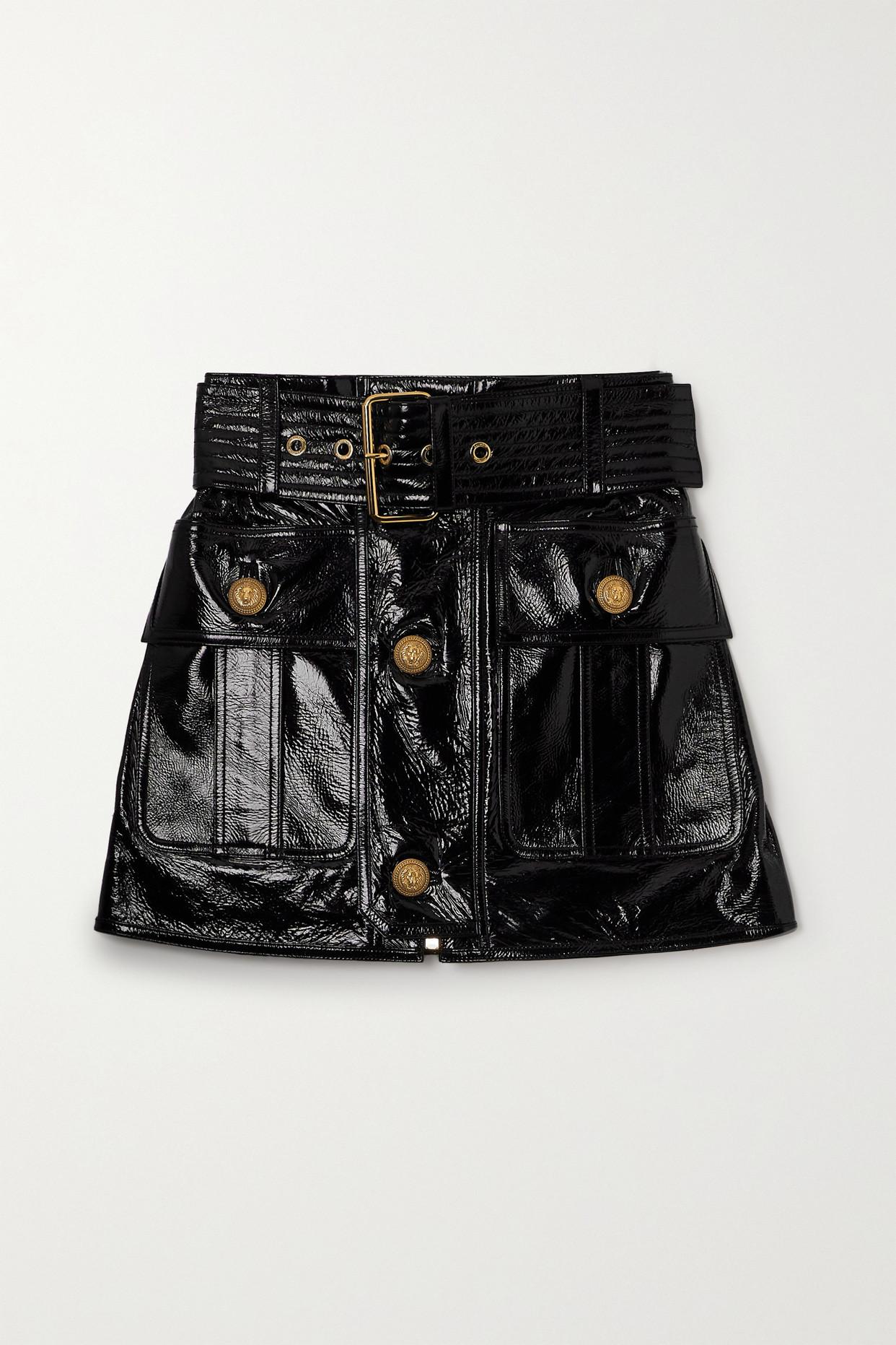 Balmain Leather Monogram-Quilted Mini Skirt