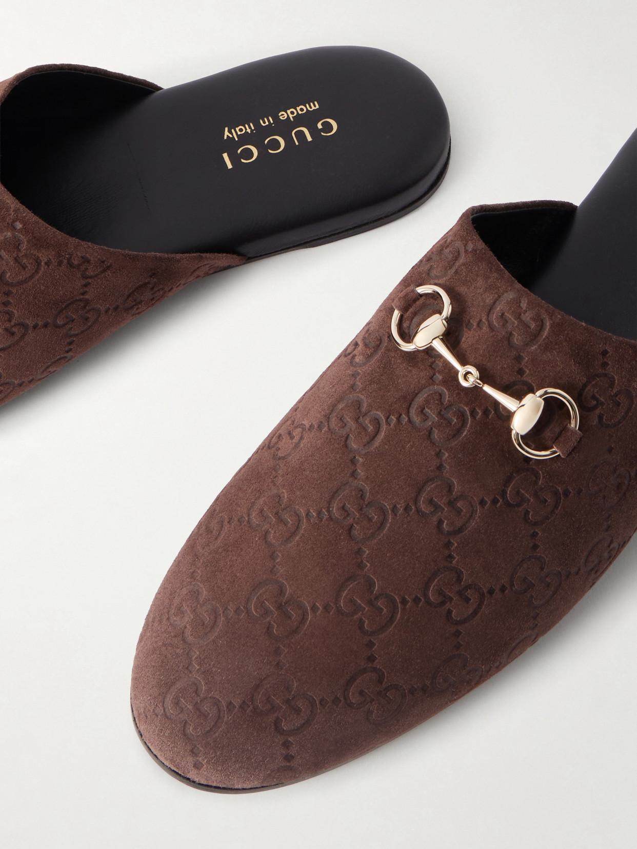 Gucci Horsebit-Detailed Debossed Suede Slippers in Brown | Lyst
