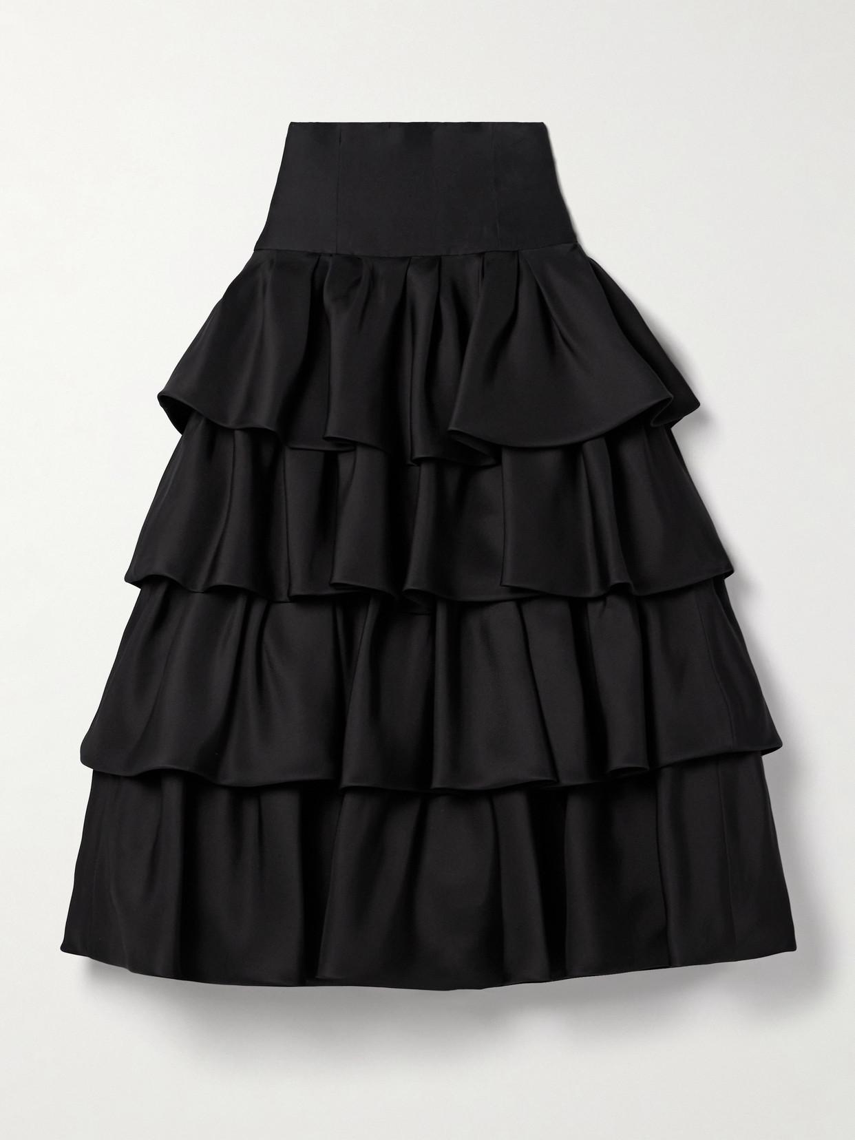 Carolina Herrera Tiered Ruffled Silk-Gazar Midi Skirt in Black | Lyst