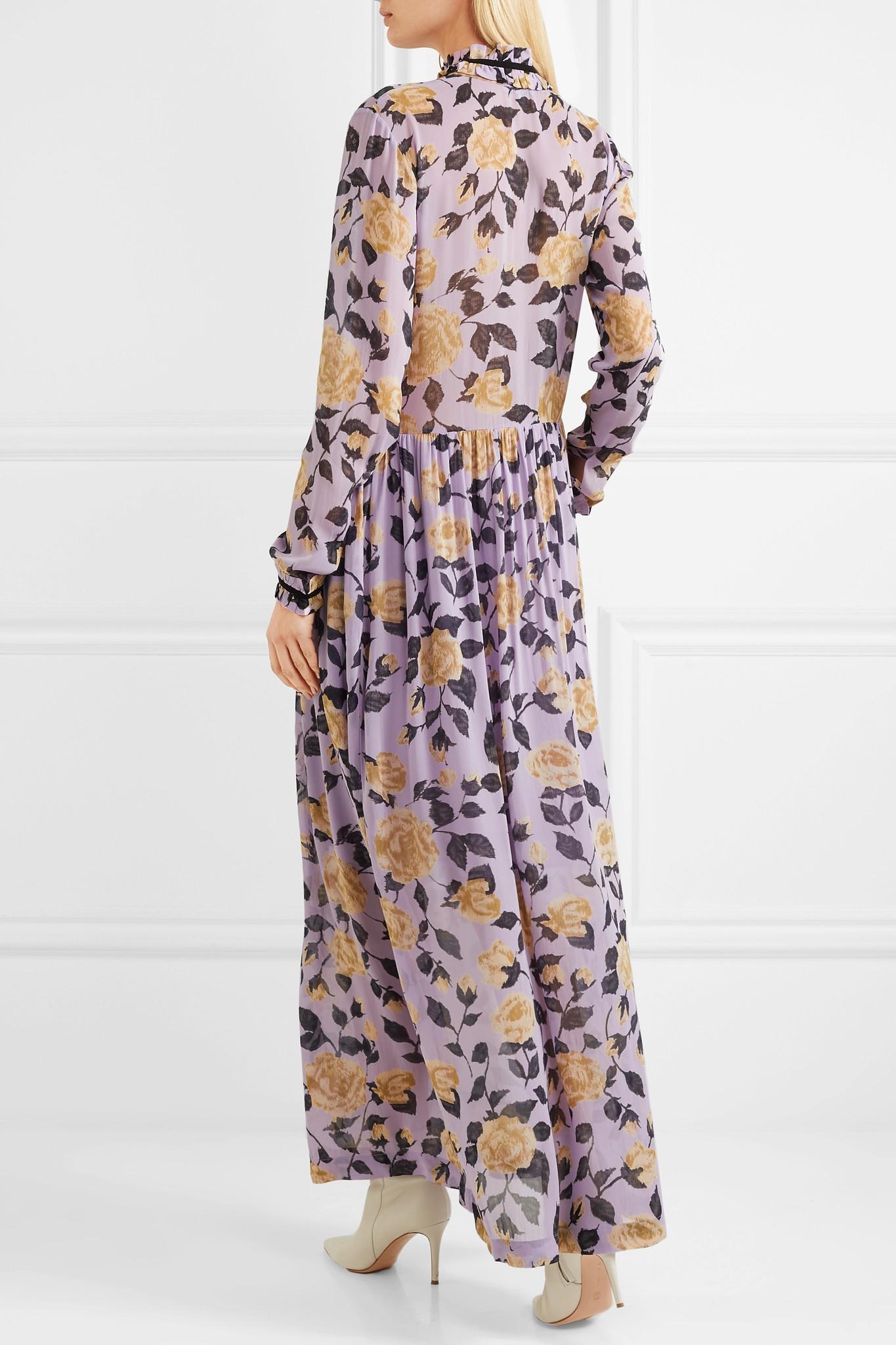 Ganni Carlton Pussy-bow Floral-print Georgette Maxi Dress in Purple | Lyst