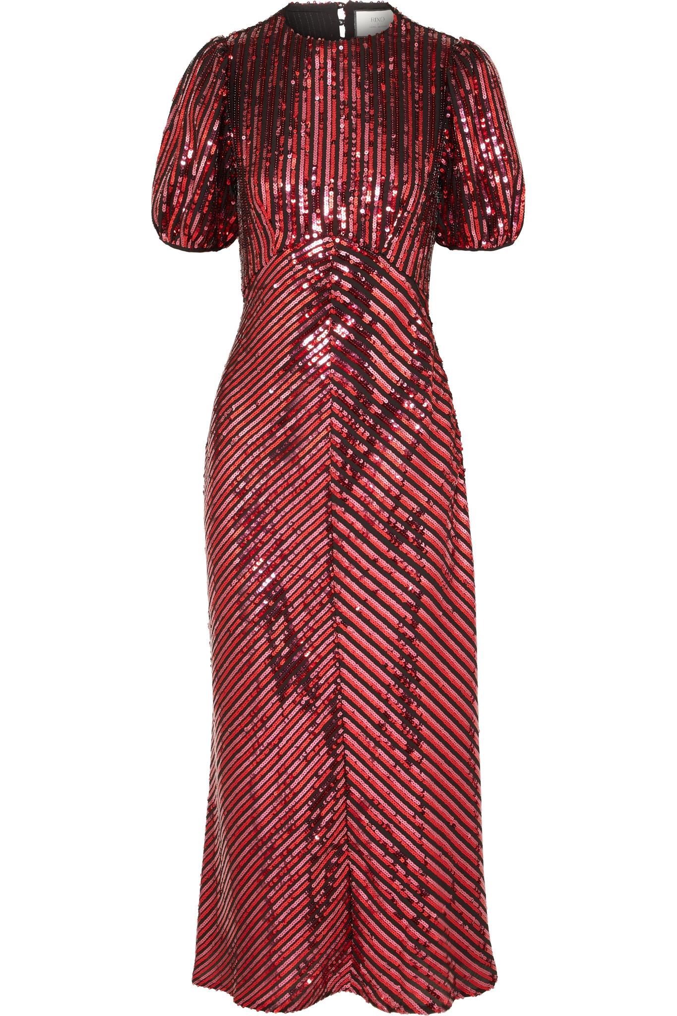 RIXO London + Laura Jackson Daisy Velvet-trimmed Sequined Crepe Midi Dress in Red - Lyst