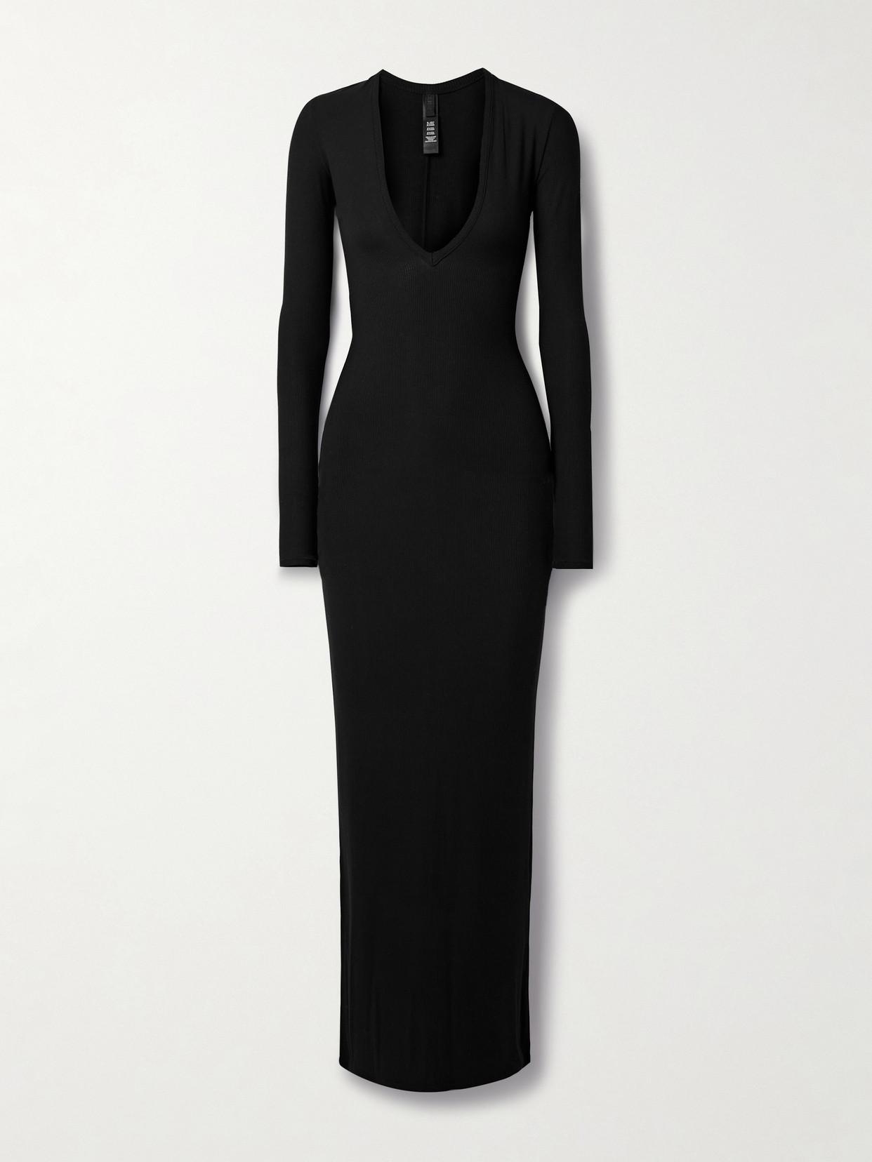 Skims Soft Lounge Long Deep Plunge Dress in Black