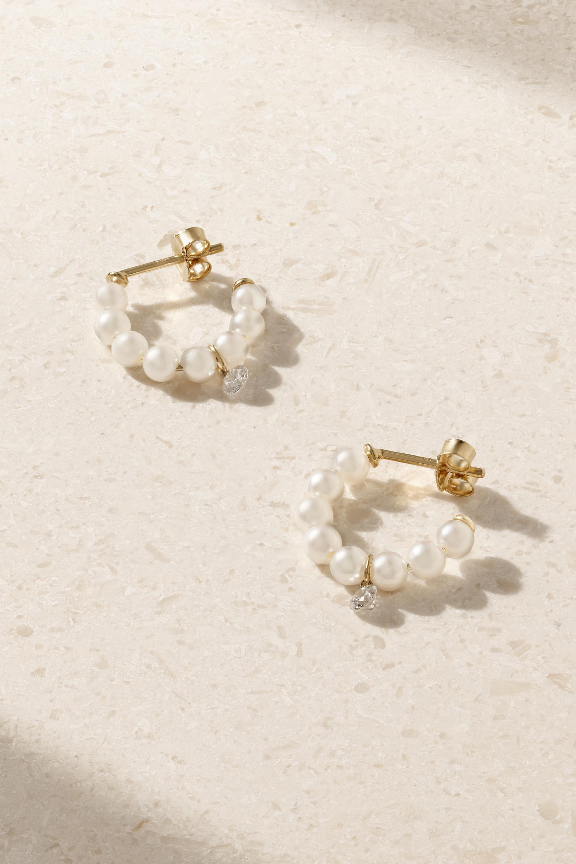 Mizuki 14 karat Gold Pearl And Diamond Hoop Earrings in Natural