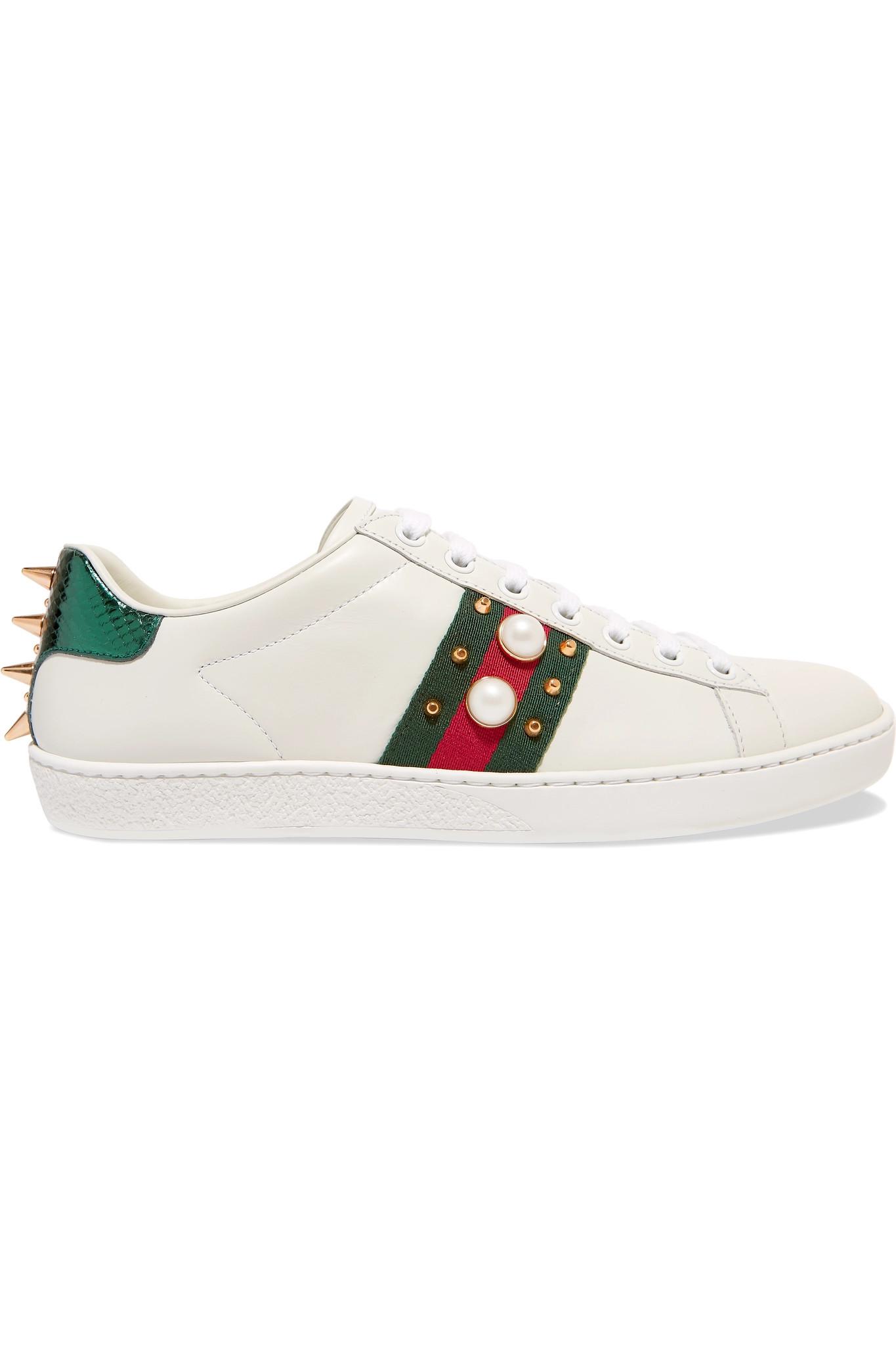 Lyst - Gucci Ace Faux Pearl-embellished Metallic Watersnake-trimmed ...