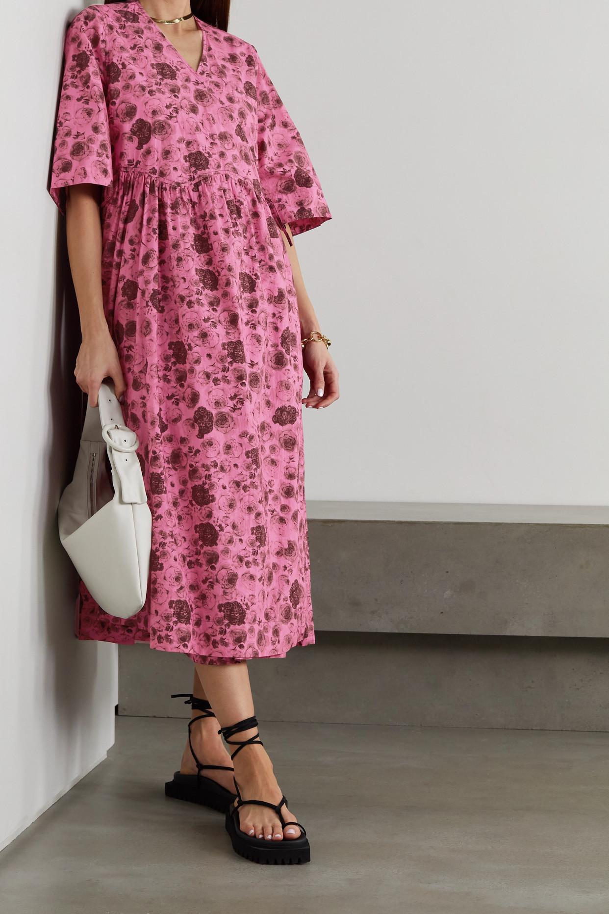 Ganni Floral-print Organic Cotton-poplin Wrap Dress in Pink | Lyst
