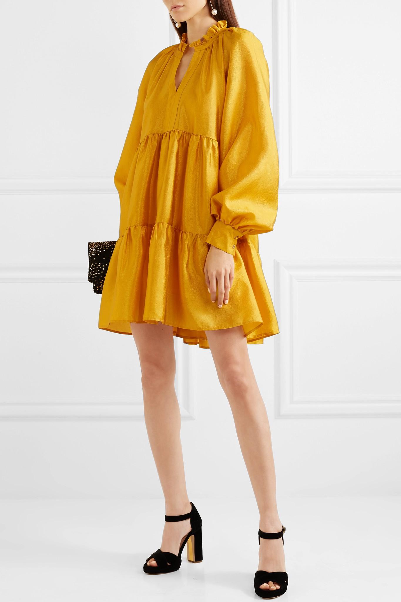 Stine Goya Jasmine Tiered Lamé Mini Dress in Yellow | Lyst