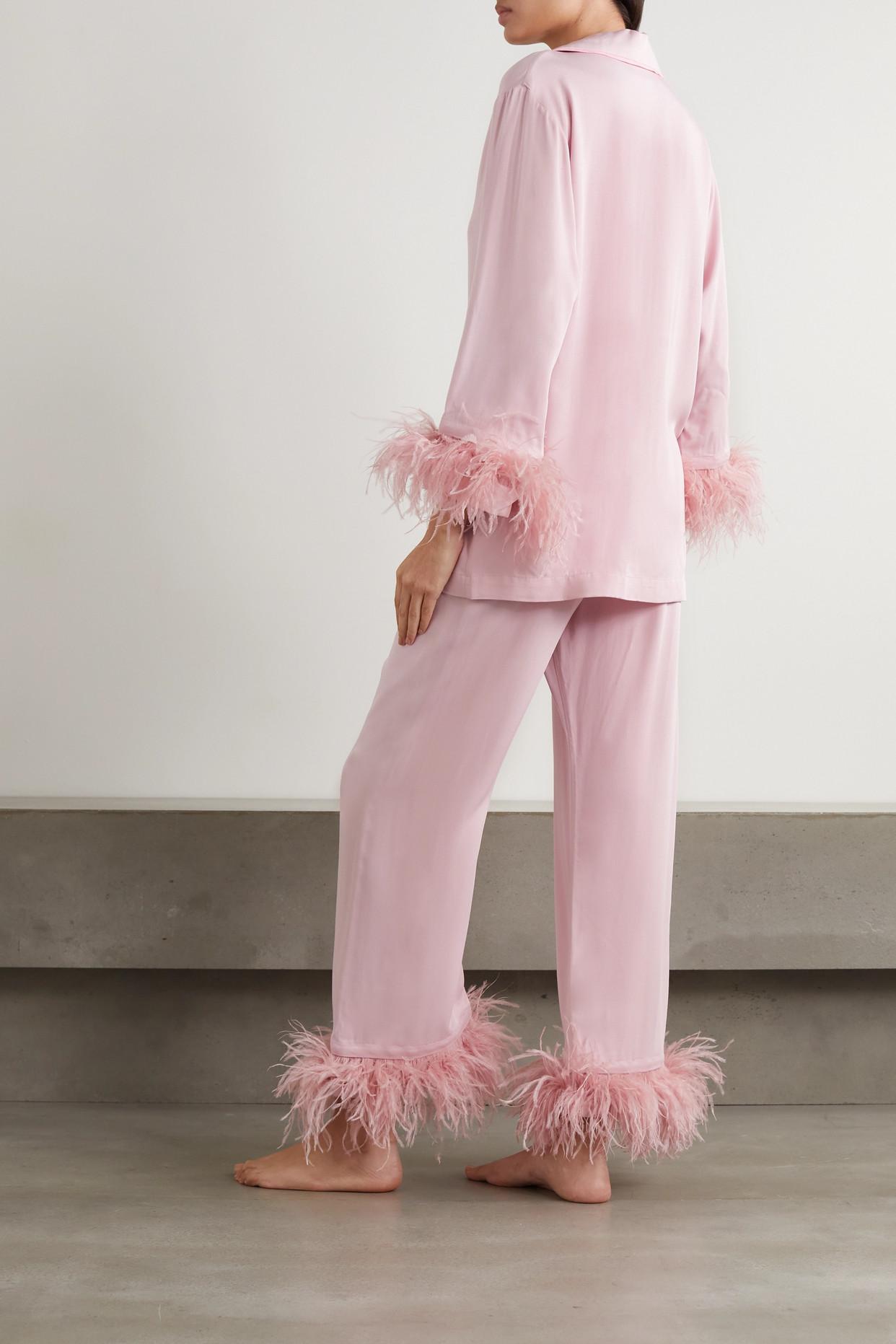 Sleeper + Net Sustain Feather-trimmed Crepe De Chine Pajama Set in Pink
