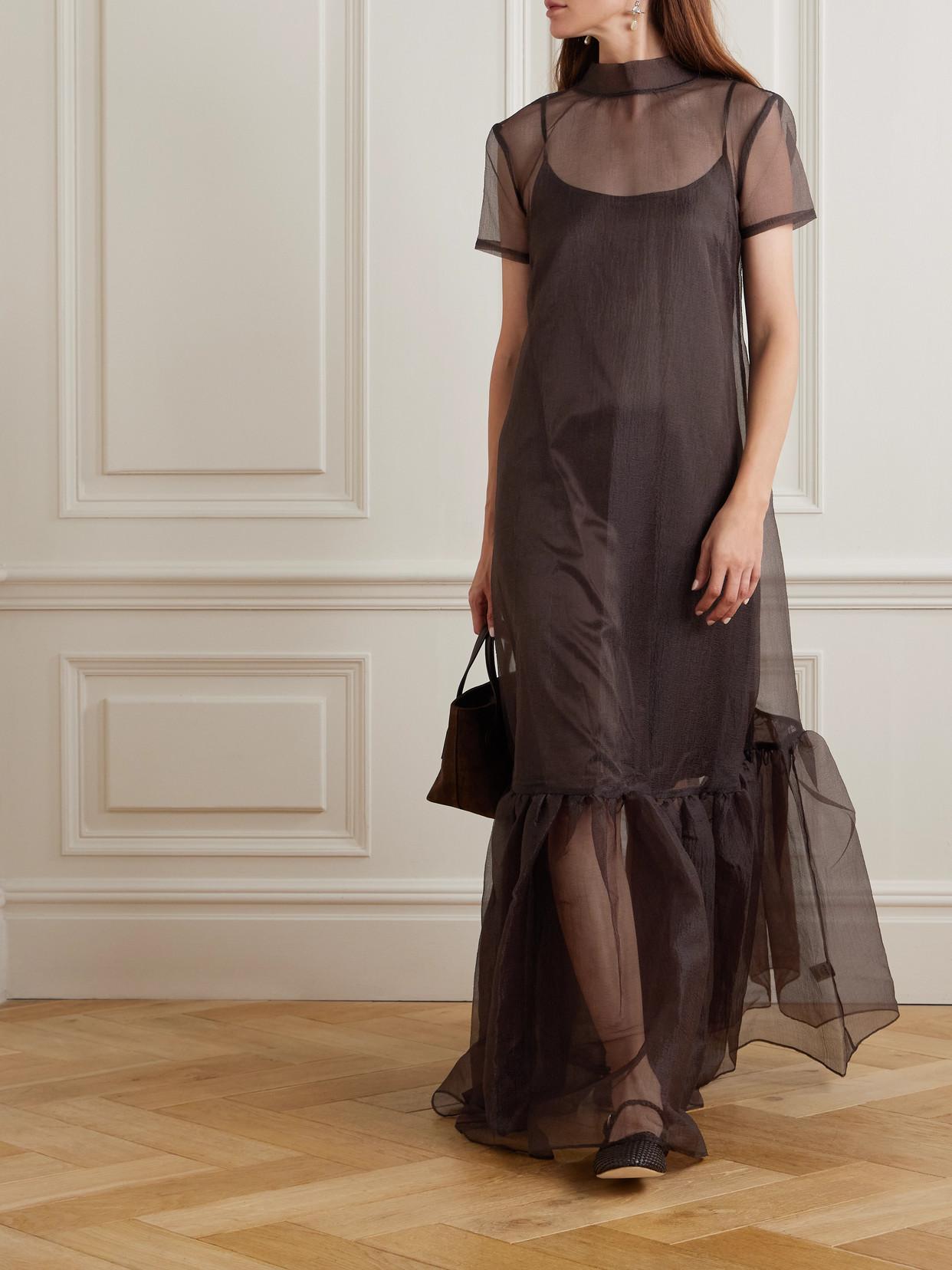 staud calluna dress brown STAUD Calluna Tie-Neck Tiered Organza Maxi Dress in Brown