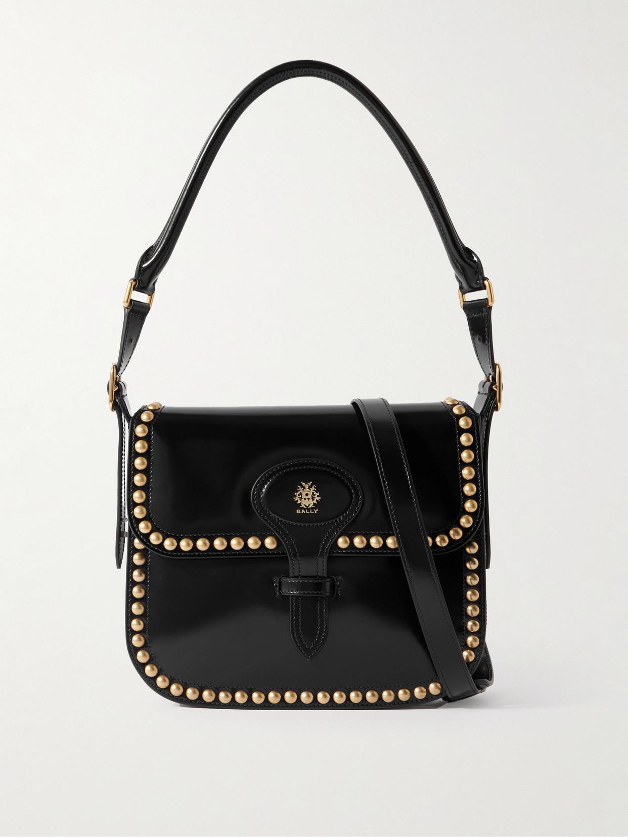 超希少✨BALLY Studded Leather Shoulder Bag Bally Beckett Flat Medium Studded Glossed-Leather Shoulder Bag in
