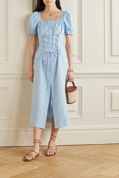 Sleeper Marquise Lace-up Linen Midi Dress in Blue | Lyst