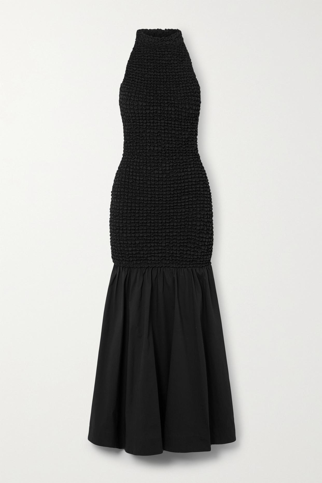 STAUD Kiera Smocked Stretch Cotton-poplin Maxi Dress in Black | Lyst
