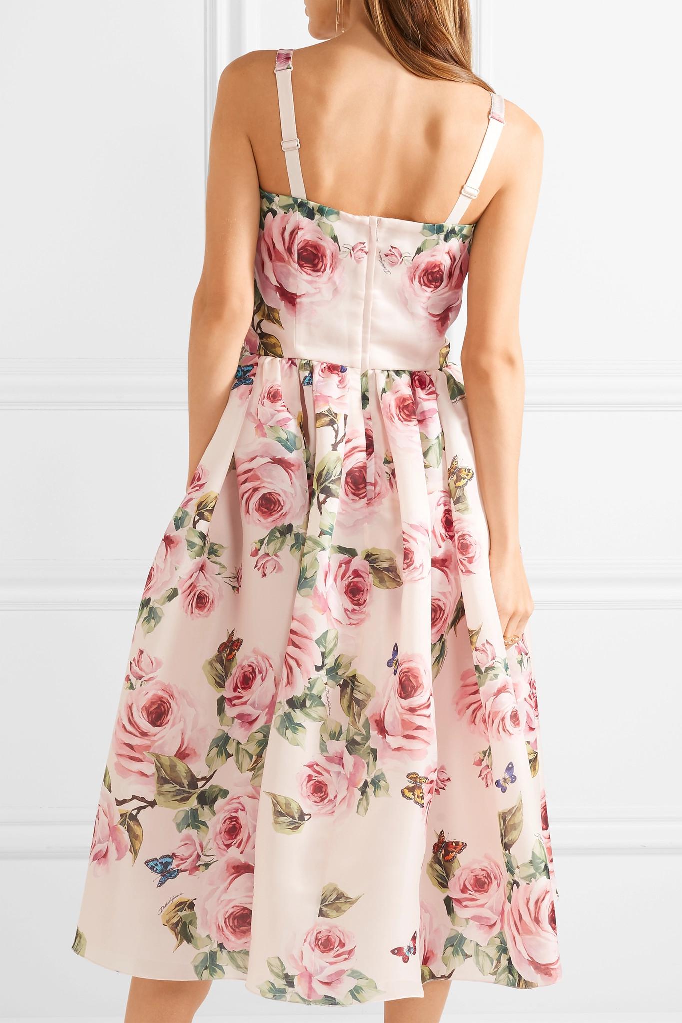 Dolce & Gabbana Pleated Floral-print Silk-organza Midi Dress in Pink - Lyst