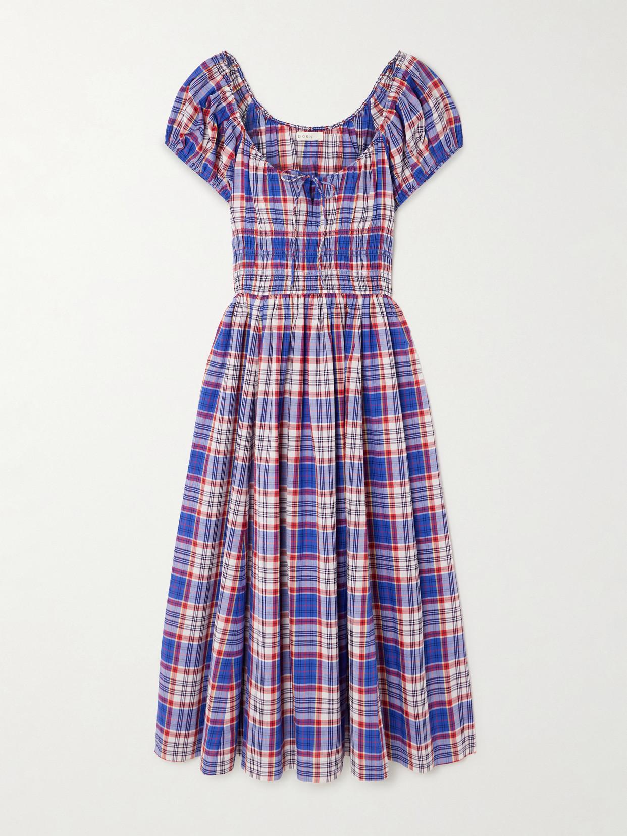 doen blue plaid dress NWT Doen Sofia Cotton Puff Short Sleeve Midi Maxi Dress Cassis Check Blue  Plaid