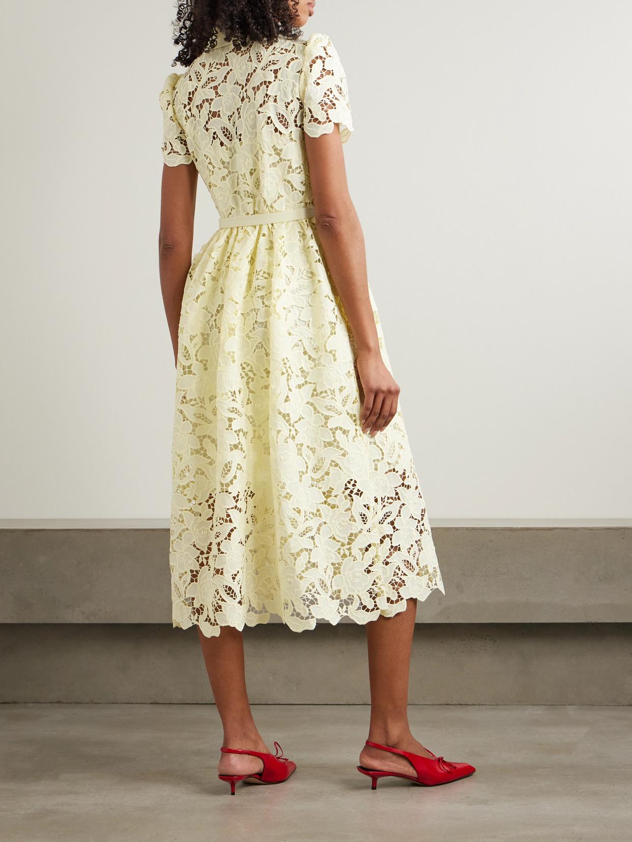Self-Portrait Belted Corded Lace Midi Dress in Yellow | Lyst UK