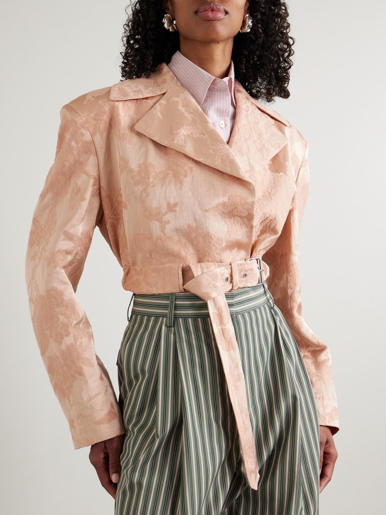 Dries Van Noten Belted Cropped Floral-Jacquard Linen-Blend