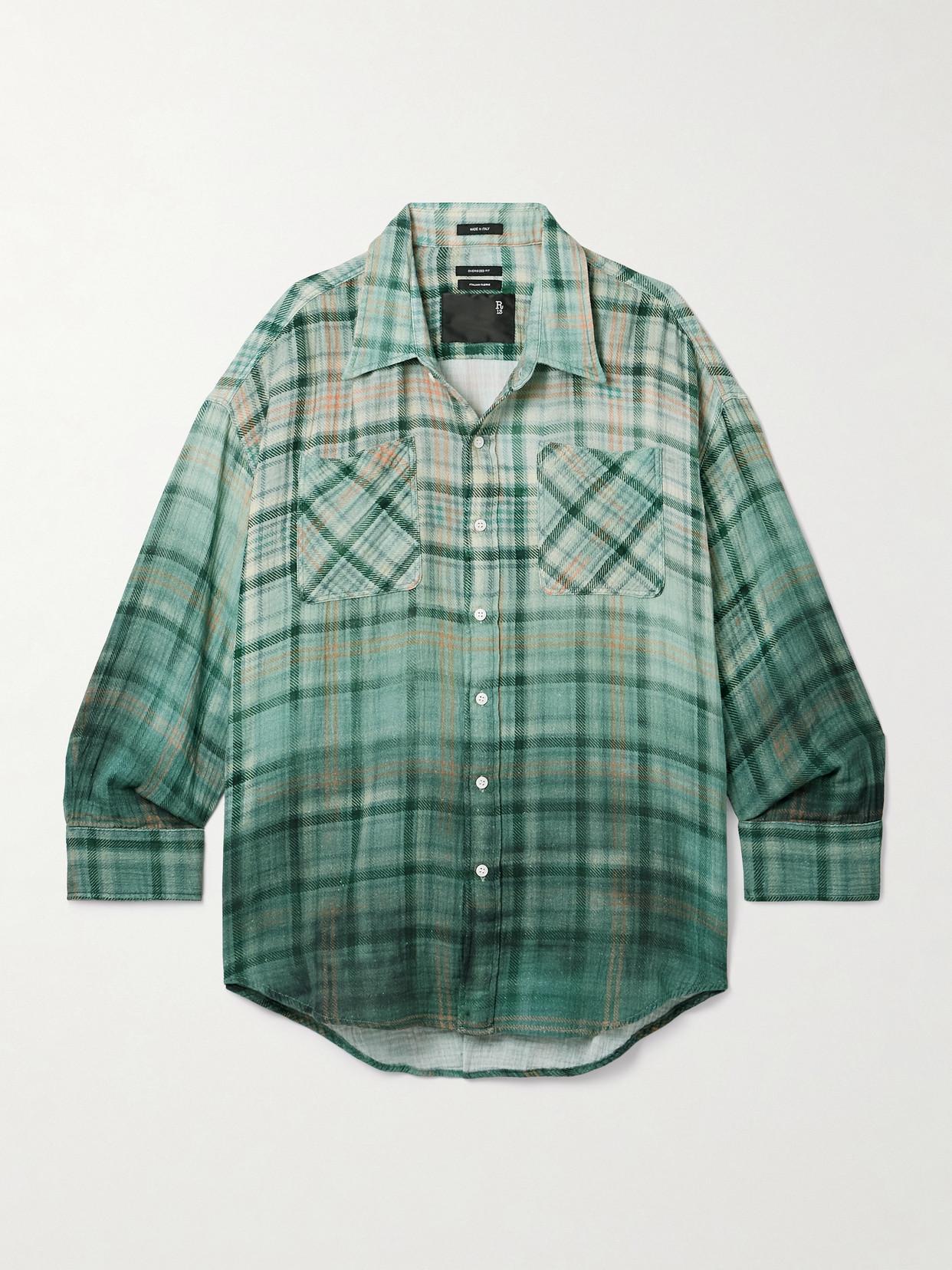R13 Drop Neck Checked Slub Cotton Shirt in Green | Lyst