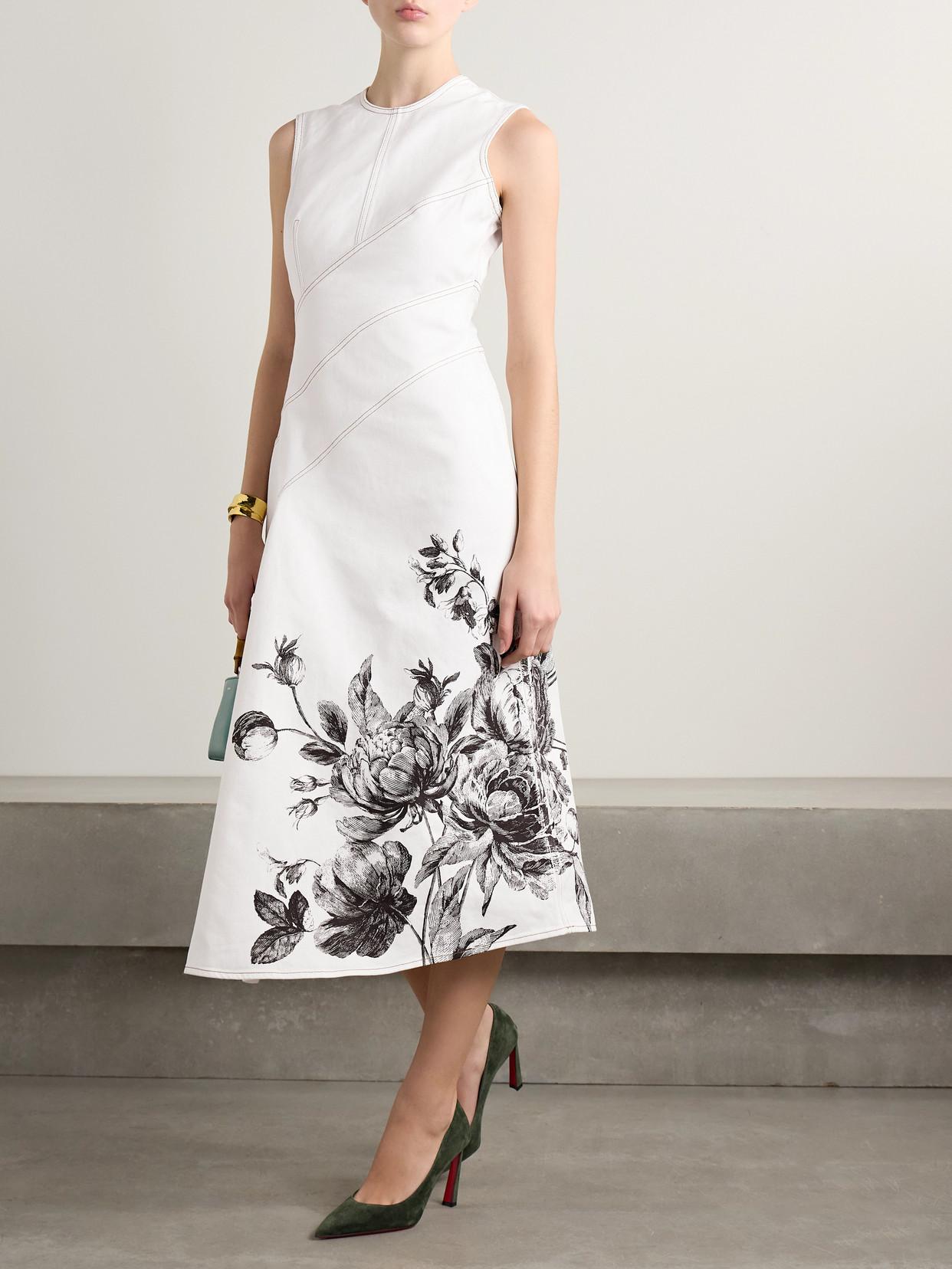 Erdem Asymmetric Paneled Floral-Print Denim Midi Dress in White | Lyst