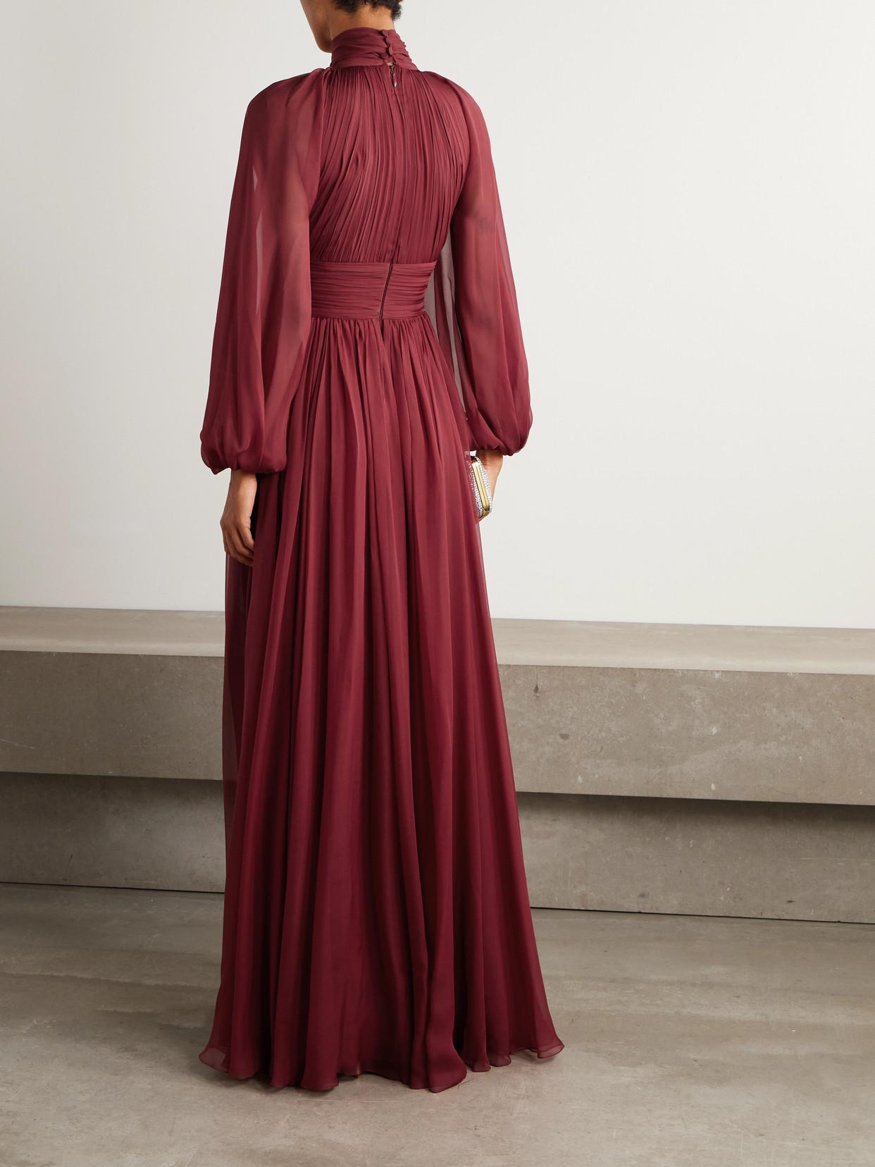 Zuhair Murad Pleated Silk-Chiffon Turtleneck Gown in Red
