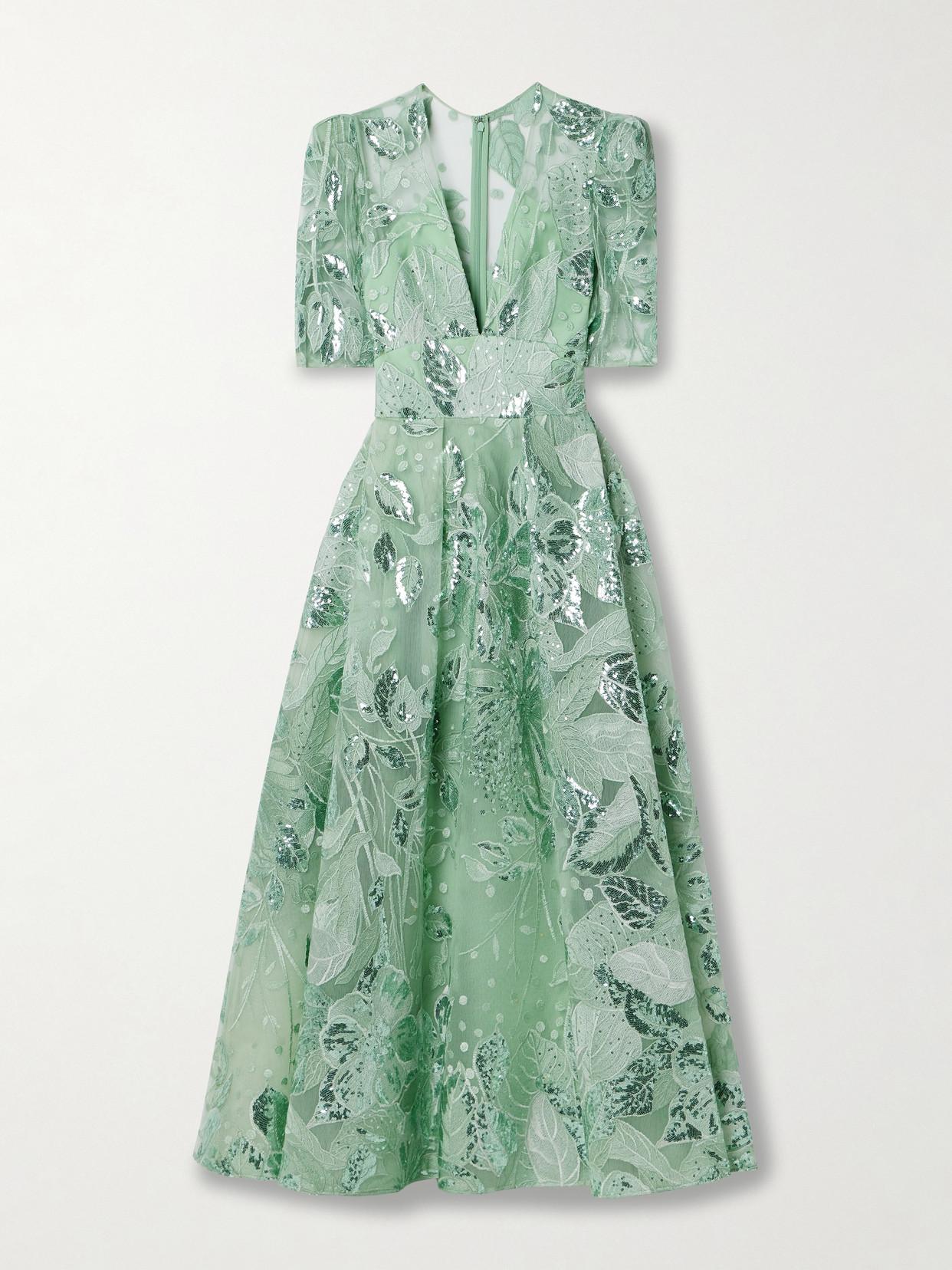 Elie Saab Sequin-embellished Embroidered Tulle Midi Dress in Green | Lyst