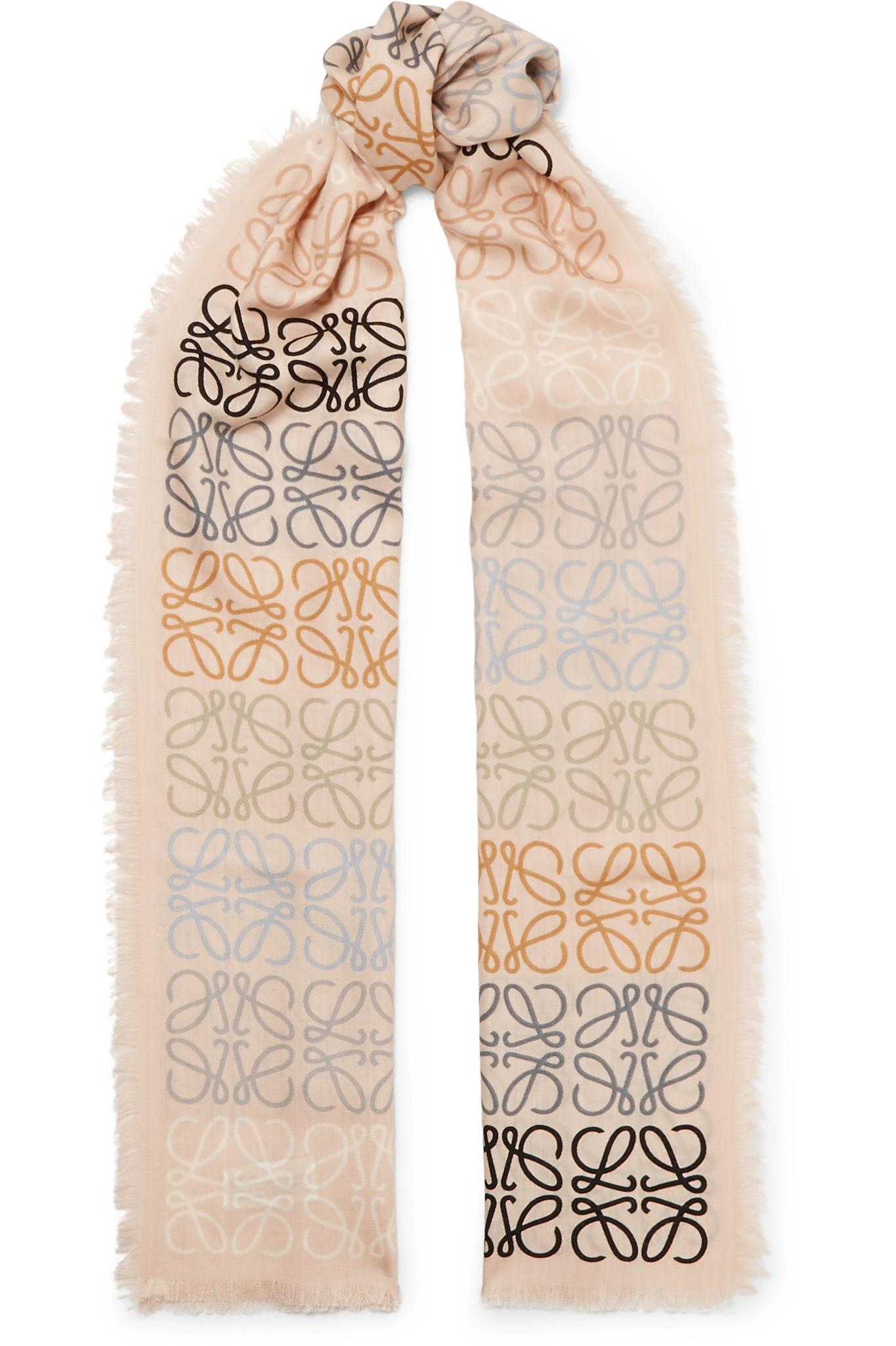 Loewe Fringed Printed Wool, Silk And Cashmere-blend Scarf in Beige 