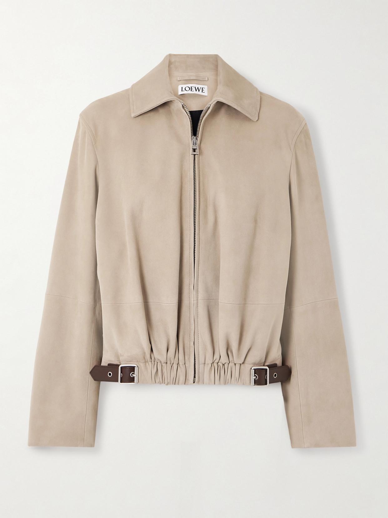 Loewe Buckle-Embellished Leather-Trimmed Suede Jacket in Natural