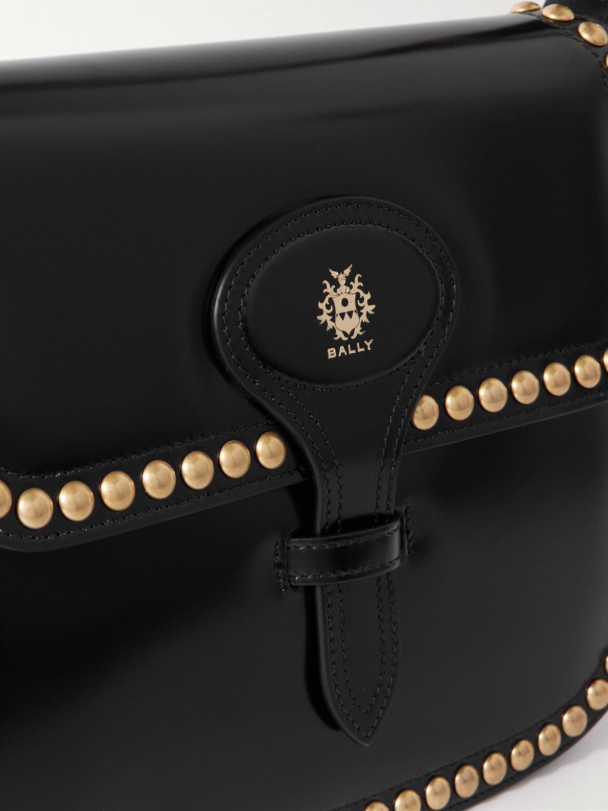Bally Beckett Flat Medium Studded Glossed-Leather Shoulder Bag in