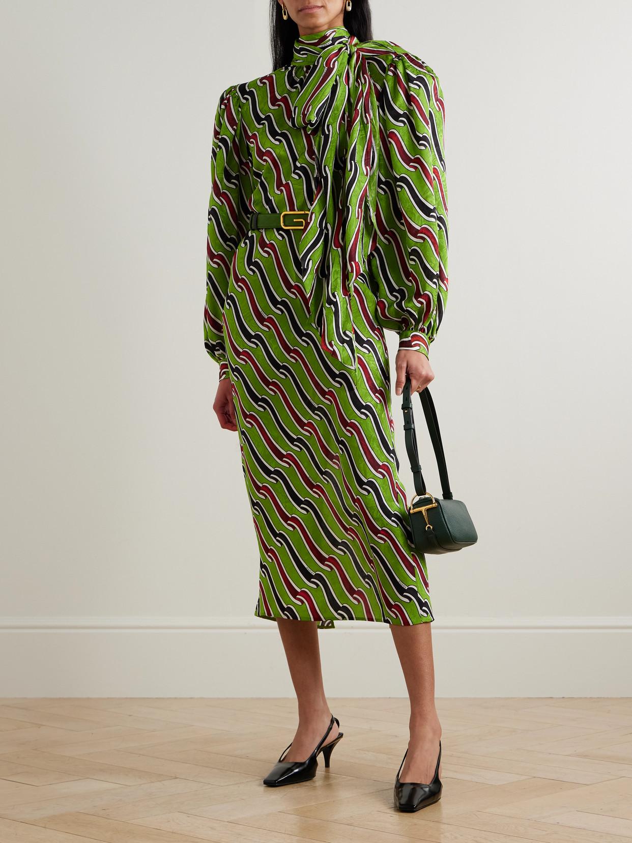 Gucci Tie-Detailed Printed Silk-Jacquard Midi Dress in Green