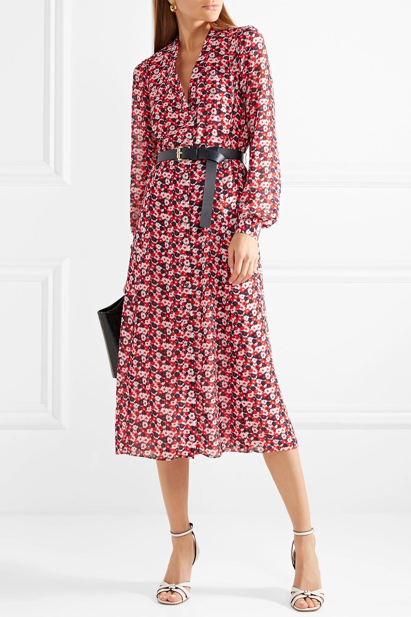 MICHAEL Michael Kors Belted Floral-print Crepe Midi Dress in Red - Lyst