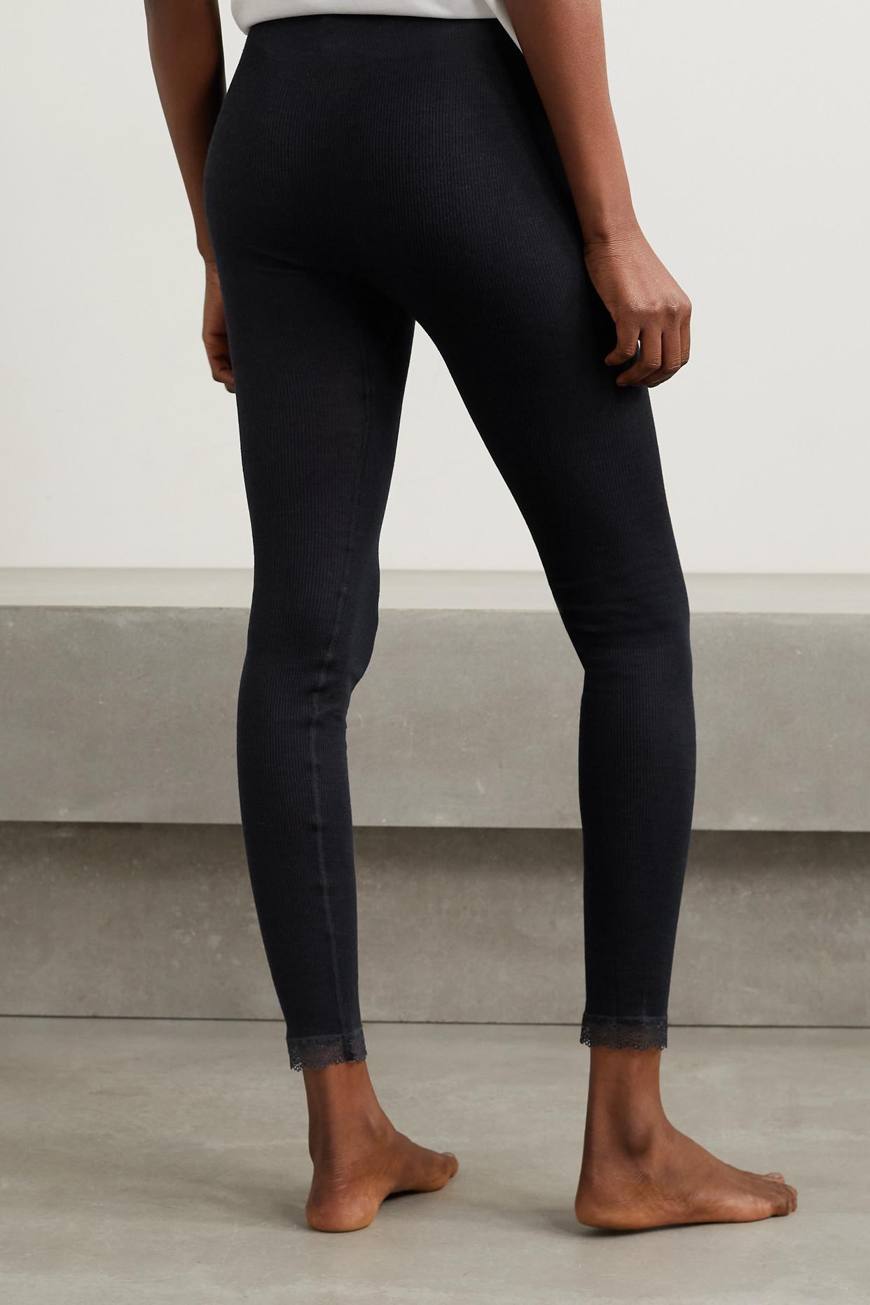 Hanro Lace-trimmed Ribbed Wool And Silk-blend Leggings in Black