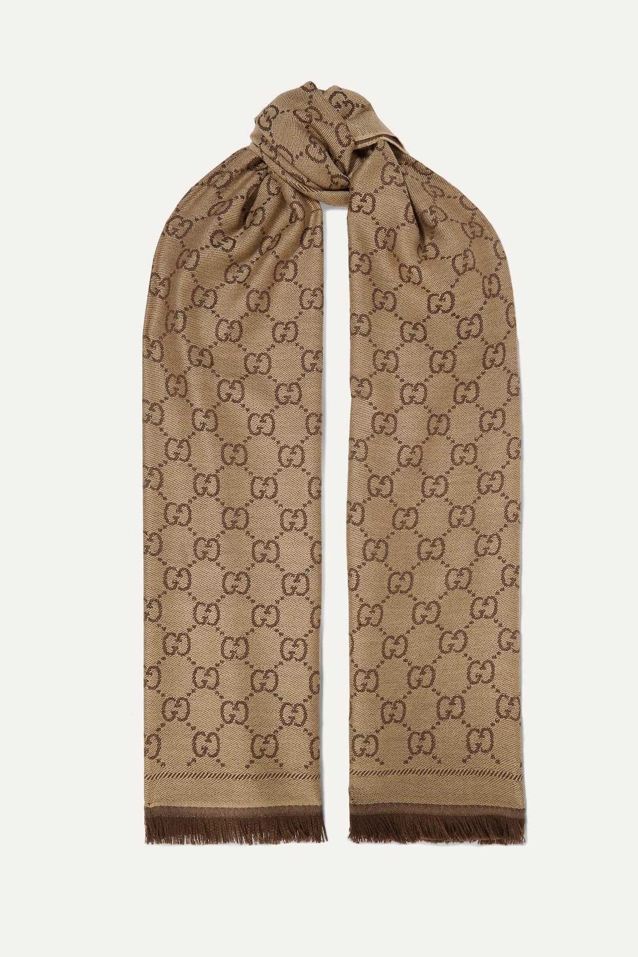 Gucci + Net Sustain Fringed Organic Wool-jacquard Scarf in Brown | Lyst