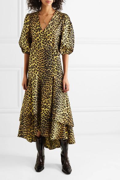 Ganni Leopard-print Cotton-poplin Wrap Dress | Lyst