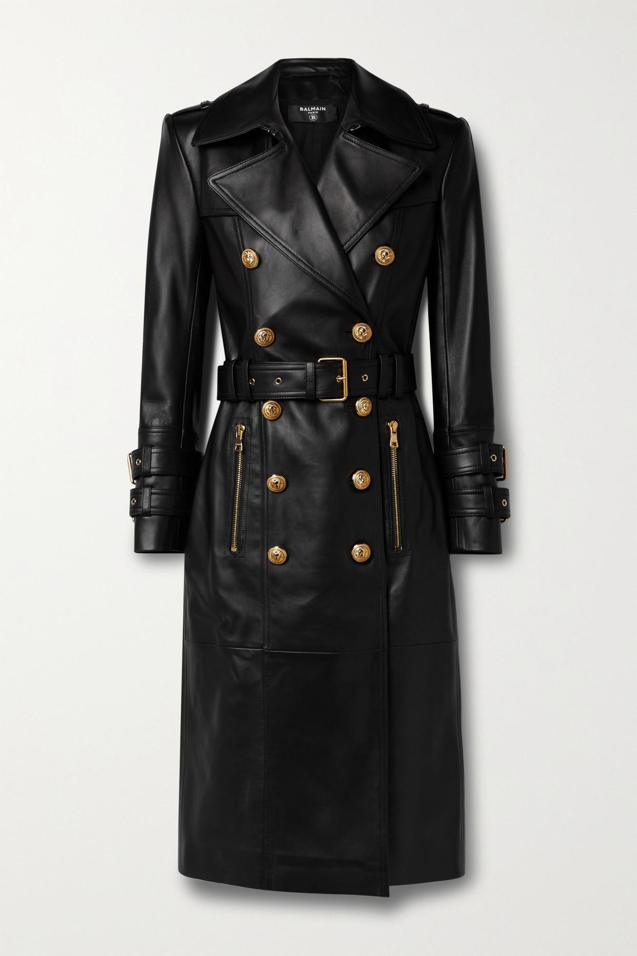 Balmain Belted Double-breasted Leather Trench Coat in Black | Lyst