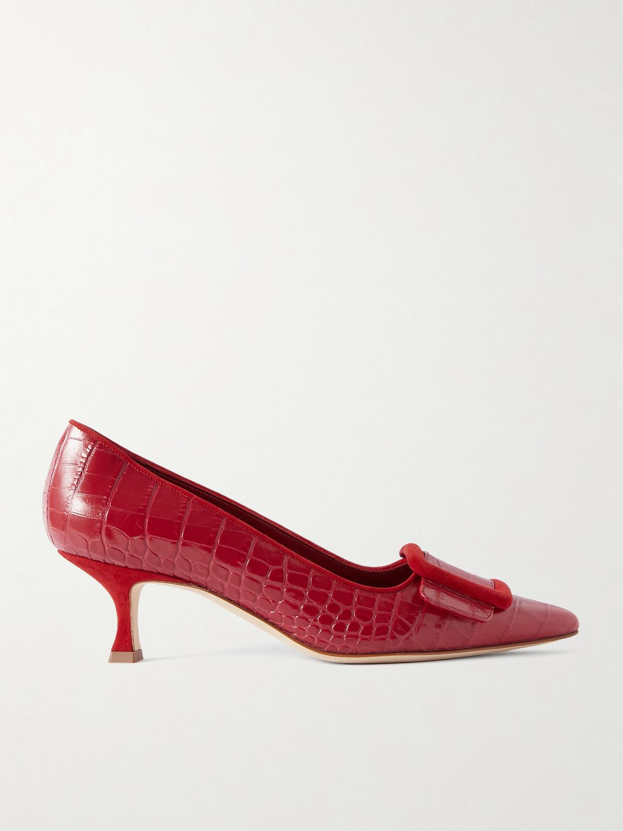 Manolo Blahnik Maysale 50 Buckled Suede-Trimmed Croc-Effect