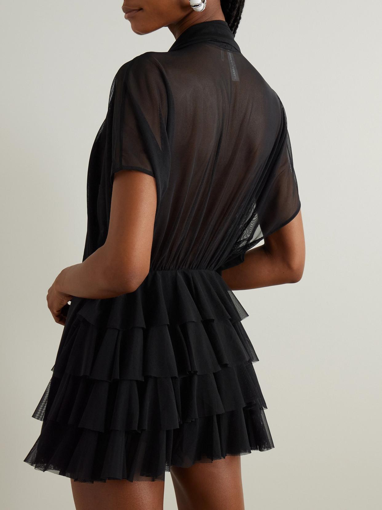 norma kamali lauren tie-neck ruffled stretch-mesh mini dress Norma Kamali Lauren Bow-Detailed Tiered Ruffled Tulle Mini Dress in Black