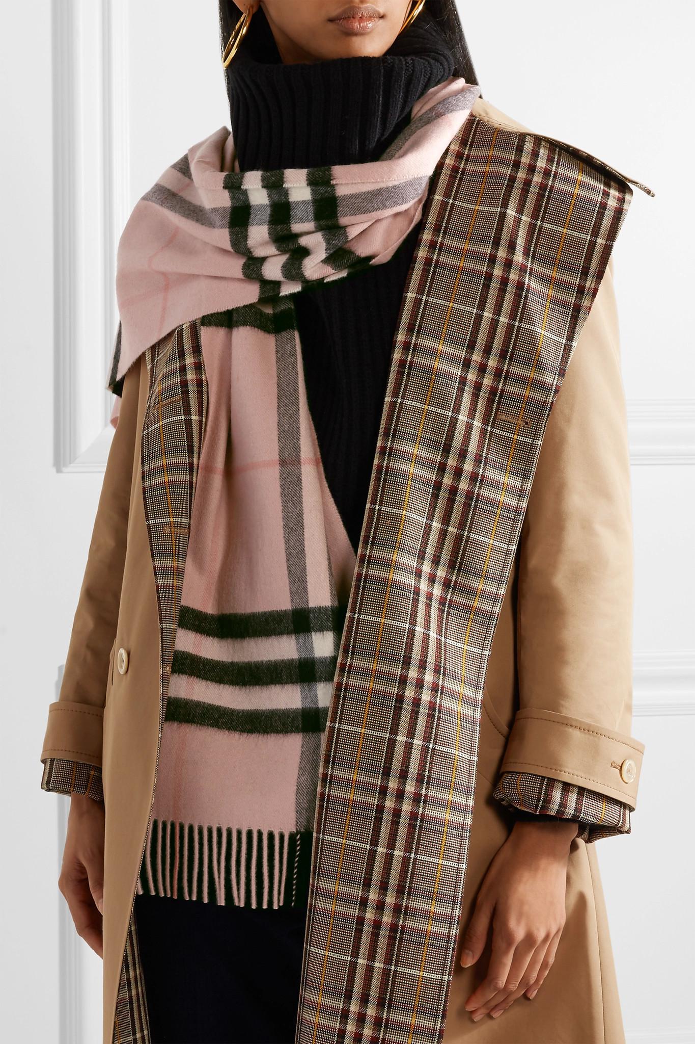 Burberry Fringed Checked Cashmere Scarf in Pink Lyst