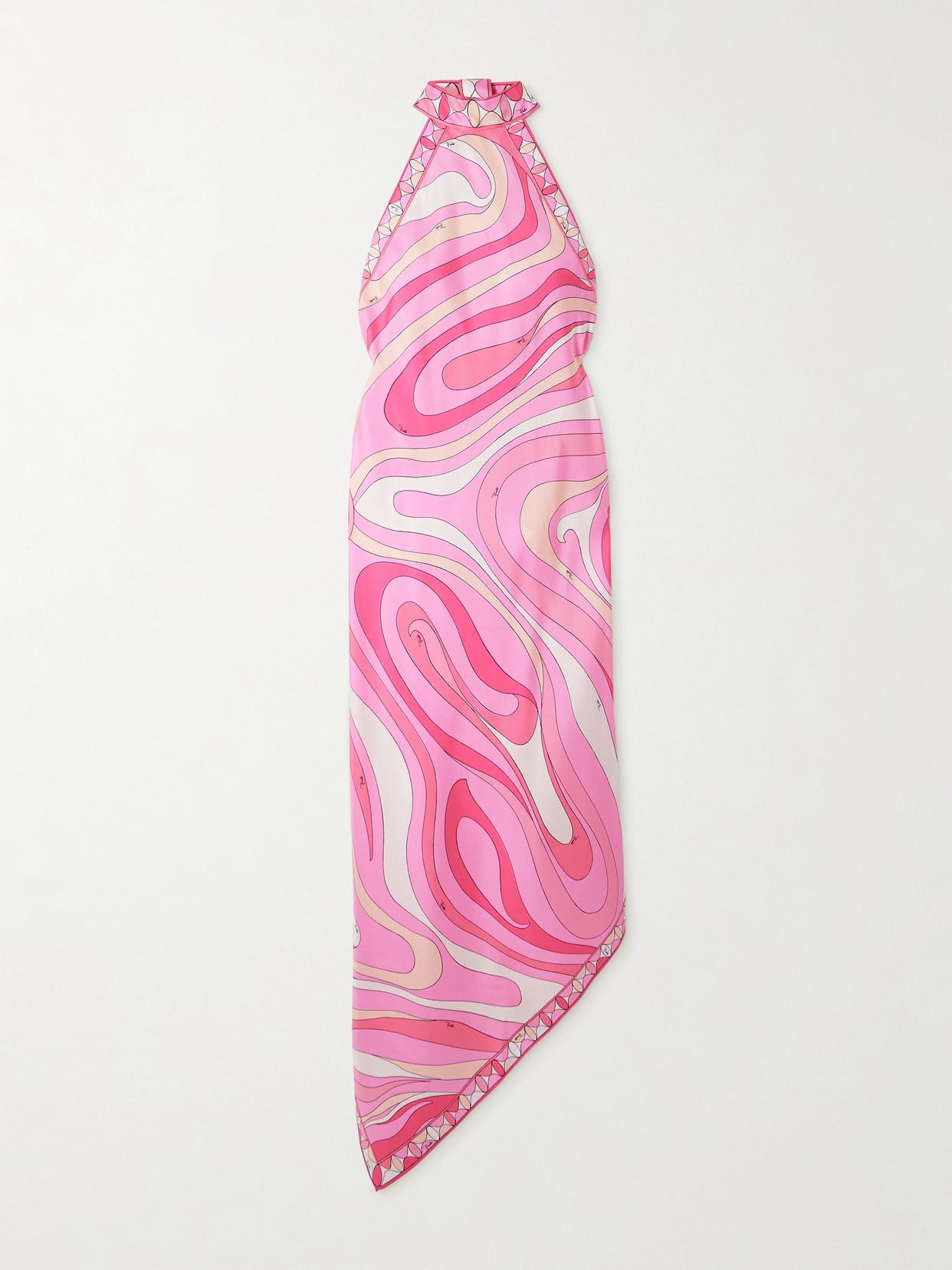 PUCCI Halterneck Printed Silk-Twill Midi Dress in Pink | Lyst
