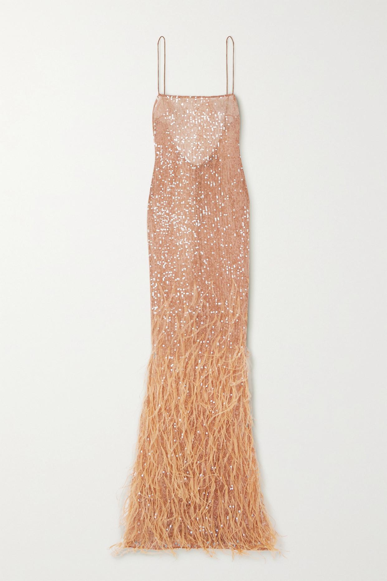 retroféte Odessa Feather-trimmed Sequined Lace Gown in Natural