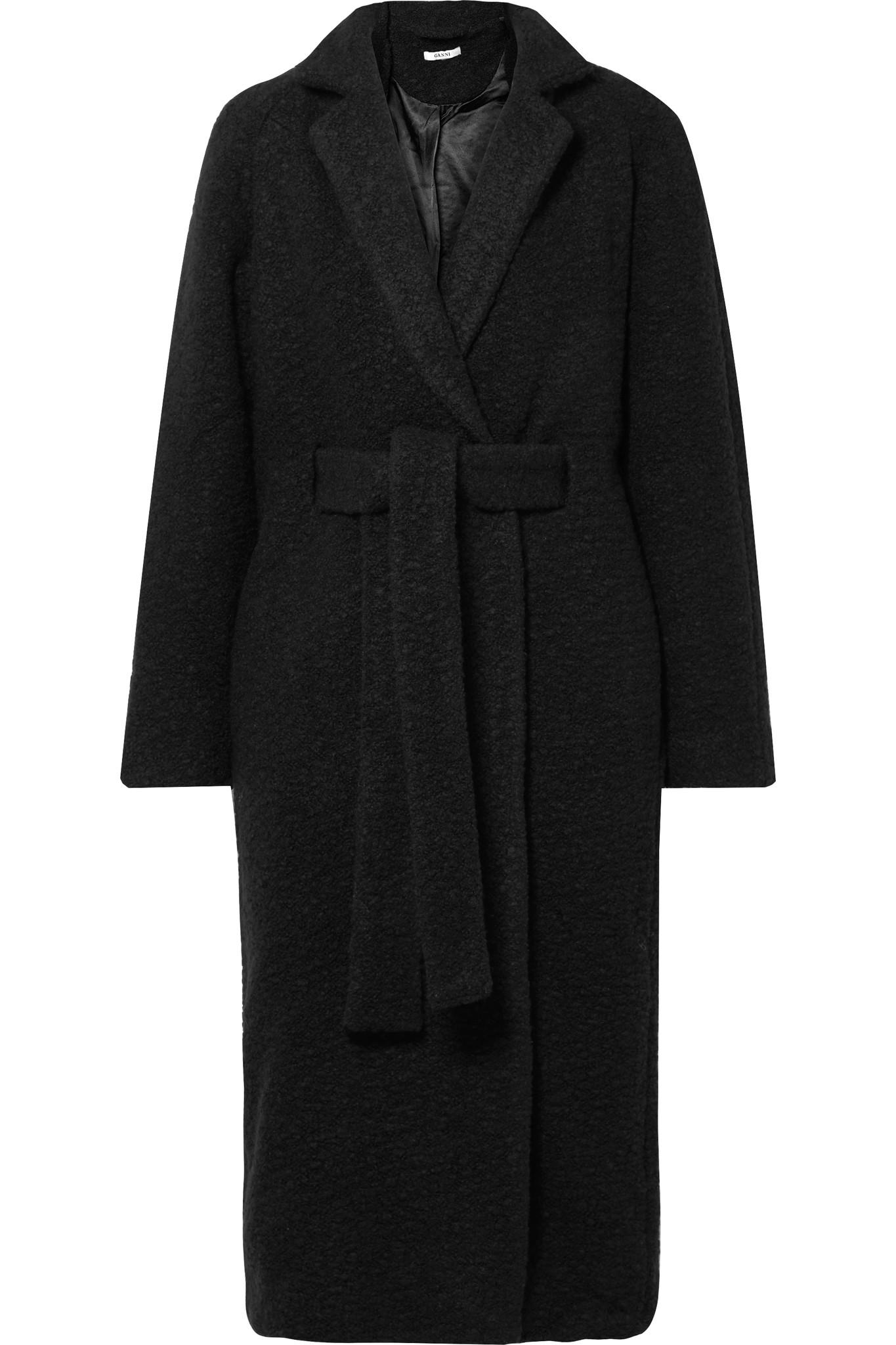 Ganni Oversized Belted Wool-blend Bouclé Coat in Black | Lyst