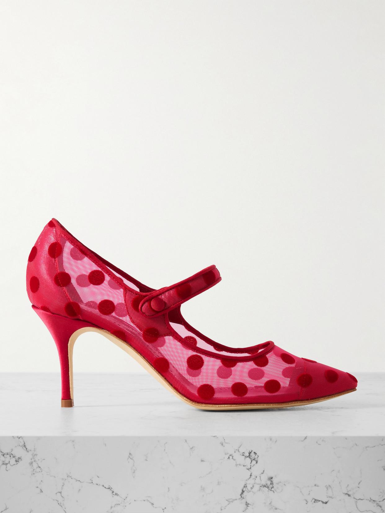 Manolo Blahnik Campari 70 Grosgrain-Trimmed Flocked Mesh Mary Jane 