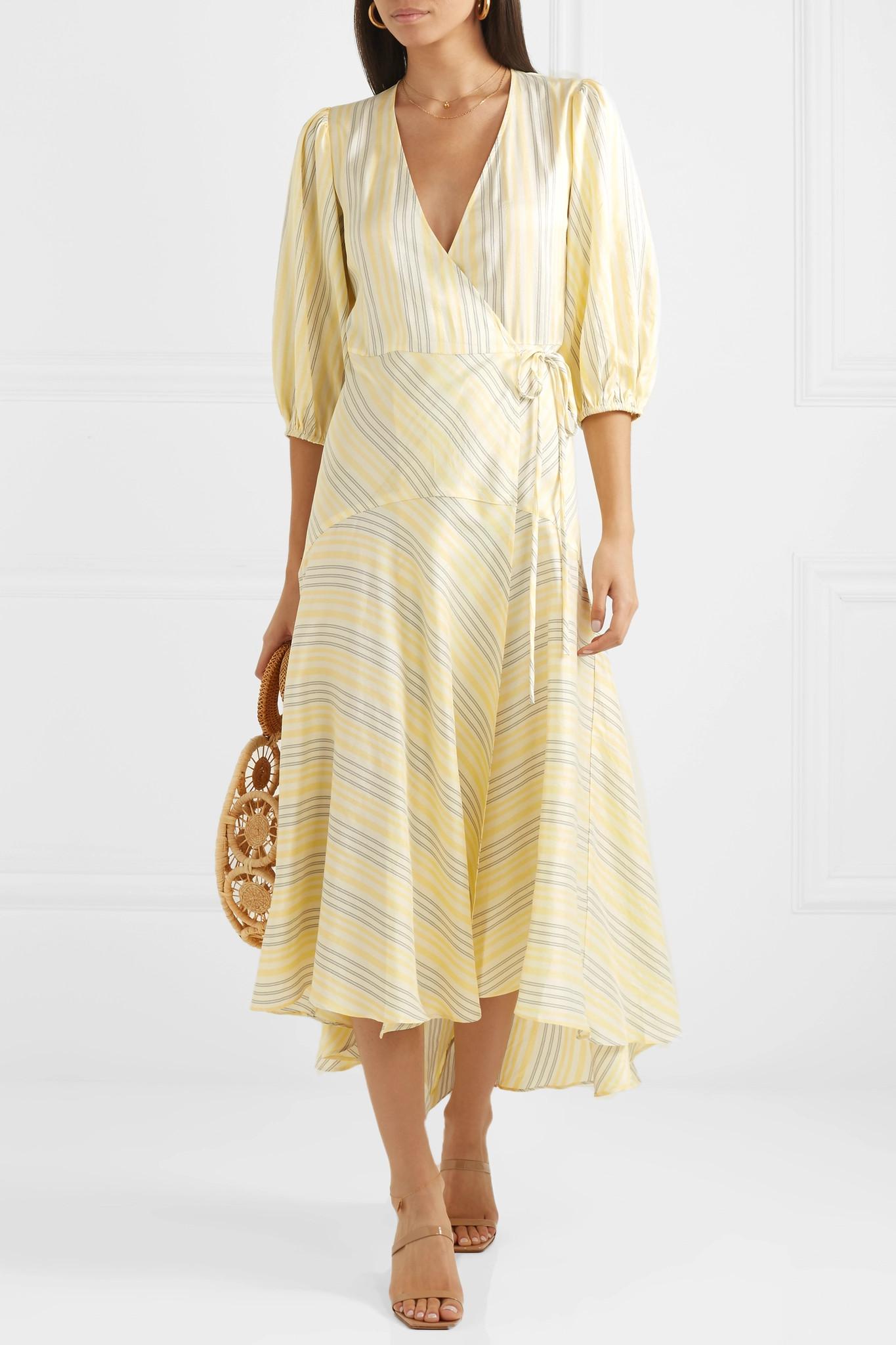 Ganni Striped Silk Midi Dress in Pastel Yellow (Yellow) - Lyst