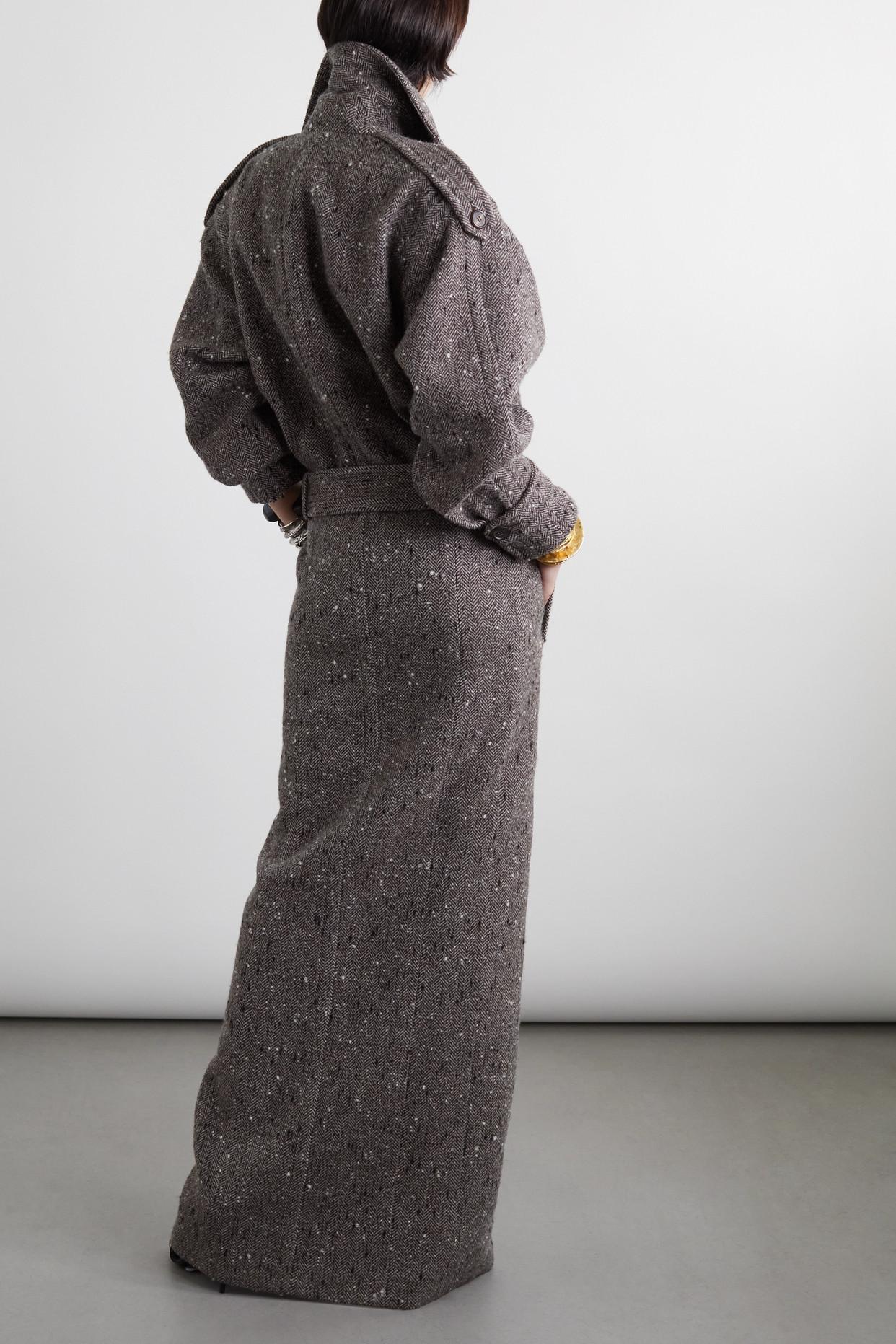 Saint Laurent Belted Herringbone Wool-blend Coat in Gray | Lyst
